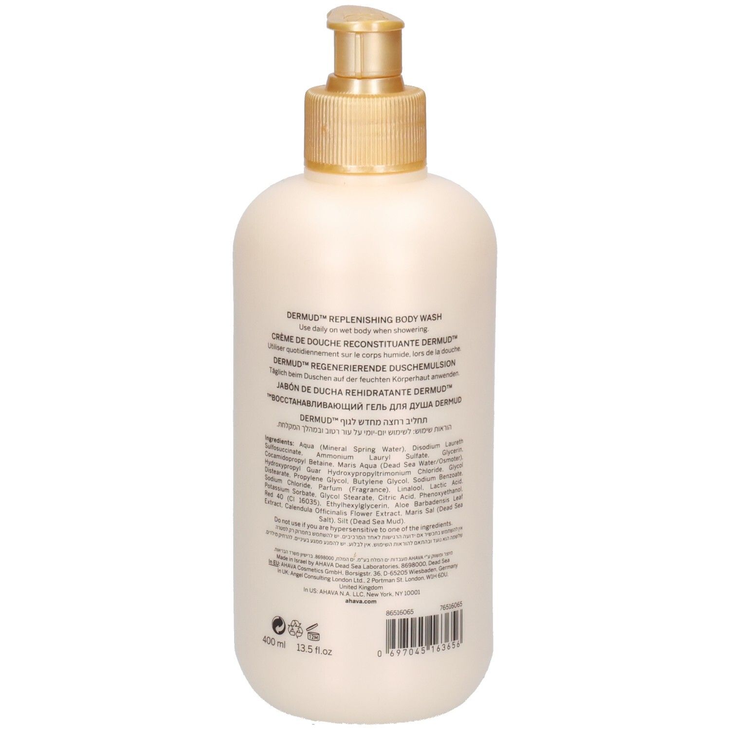 Dos du flacon beige. Texte multilingue: Dermud Replenishing Body Wash. Ingrédients et volume.