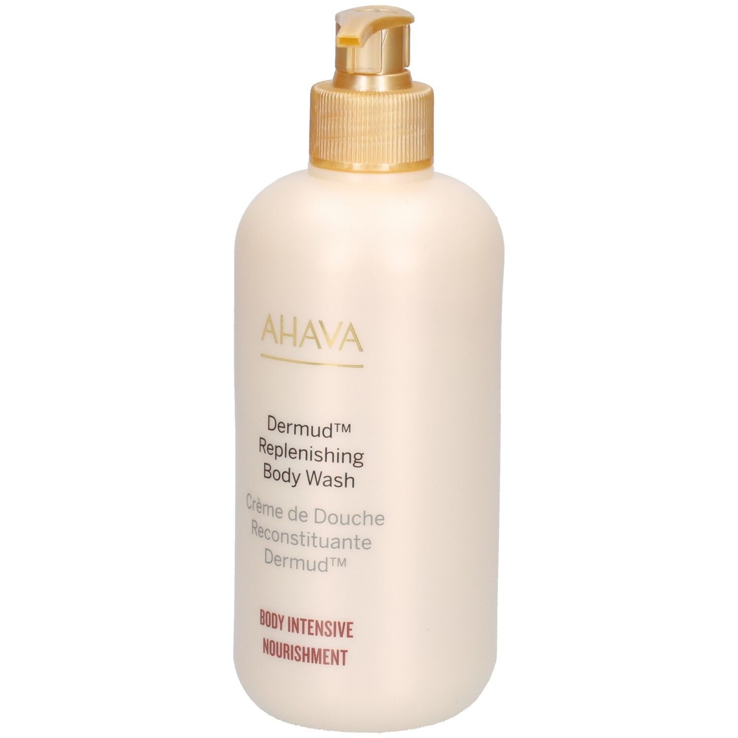 Flacon beige avec pompe dorée. Logo AHAVA et nom du produit: Dermud Replenishing Body Wash.