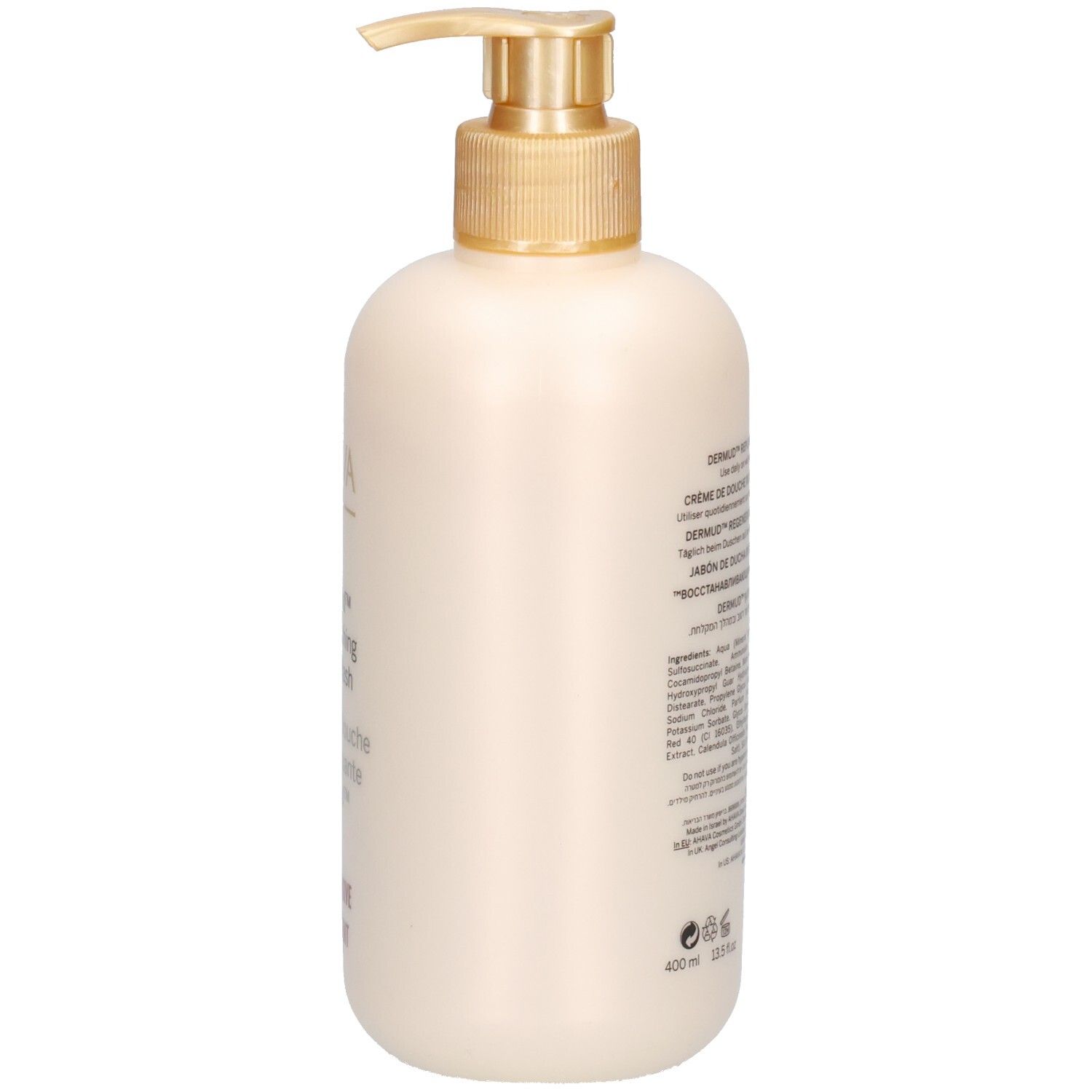 Flacon beige, vue latérale. Texte: Dermud Replenishing Body Wash. Ingrédients et informations.