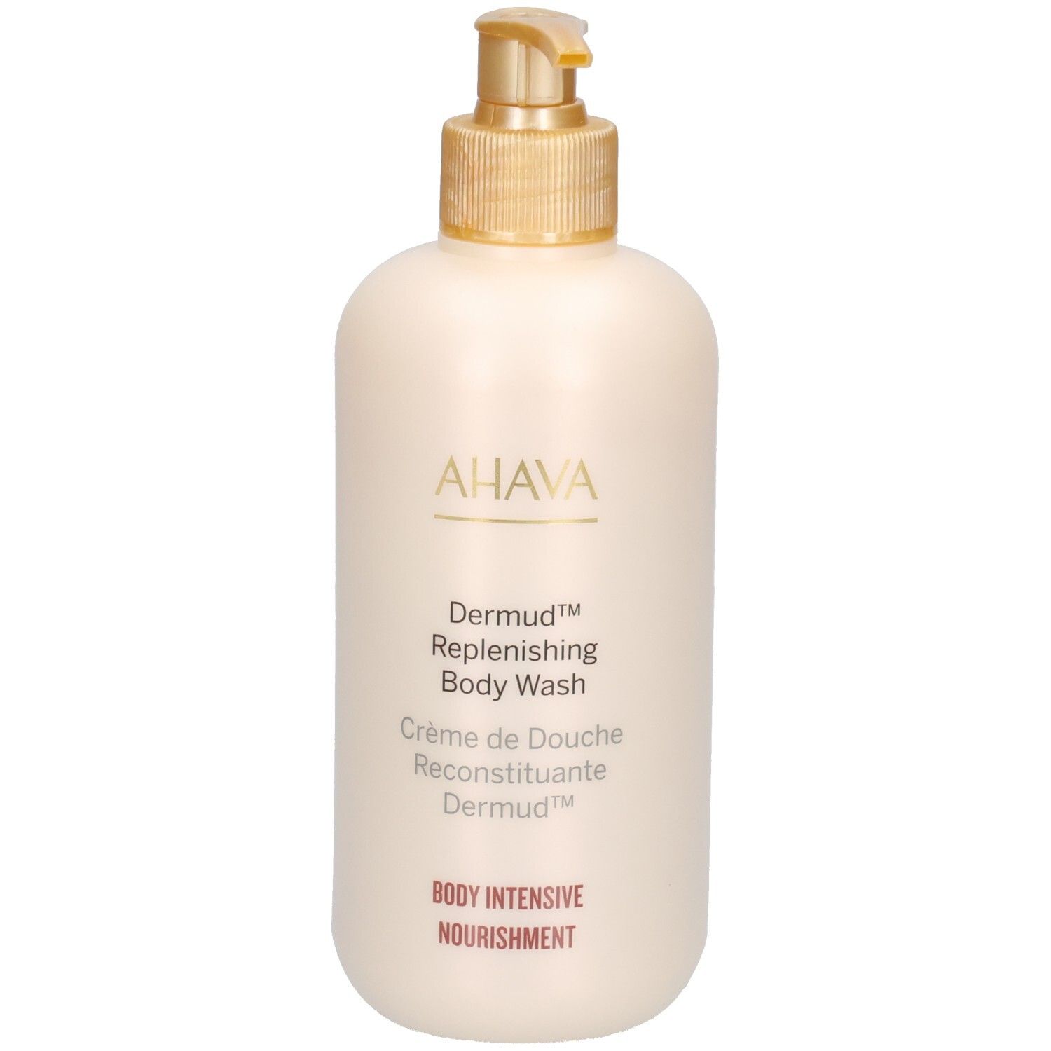 Flacon beige avec pompe dorée. Logo AHAVA et nom du produit: Dermud Replenishing Body Wash.