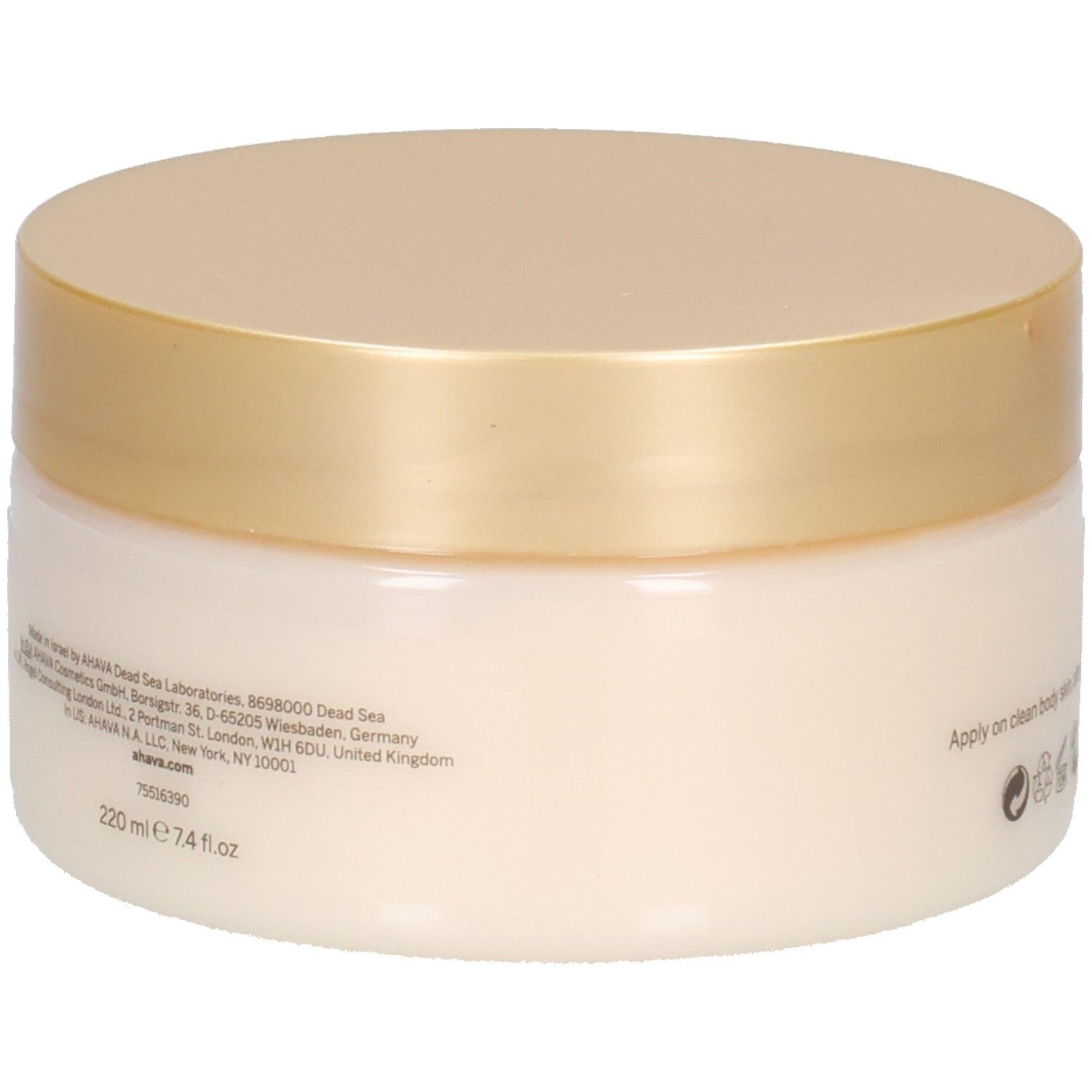 Pot de crème avec couvercle doré. Inscription : AHAVA Cosmetics, 220 ml, 7.4 fl oz. Texte avec informations du fabricant.