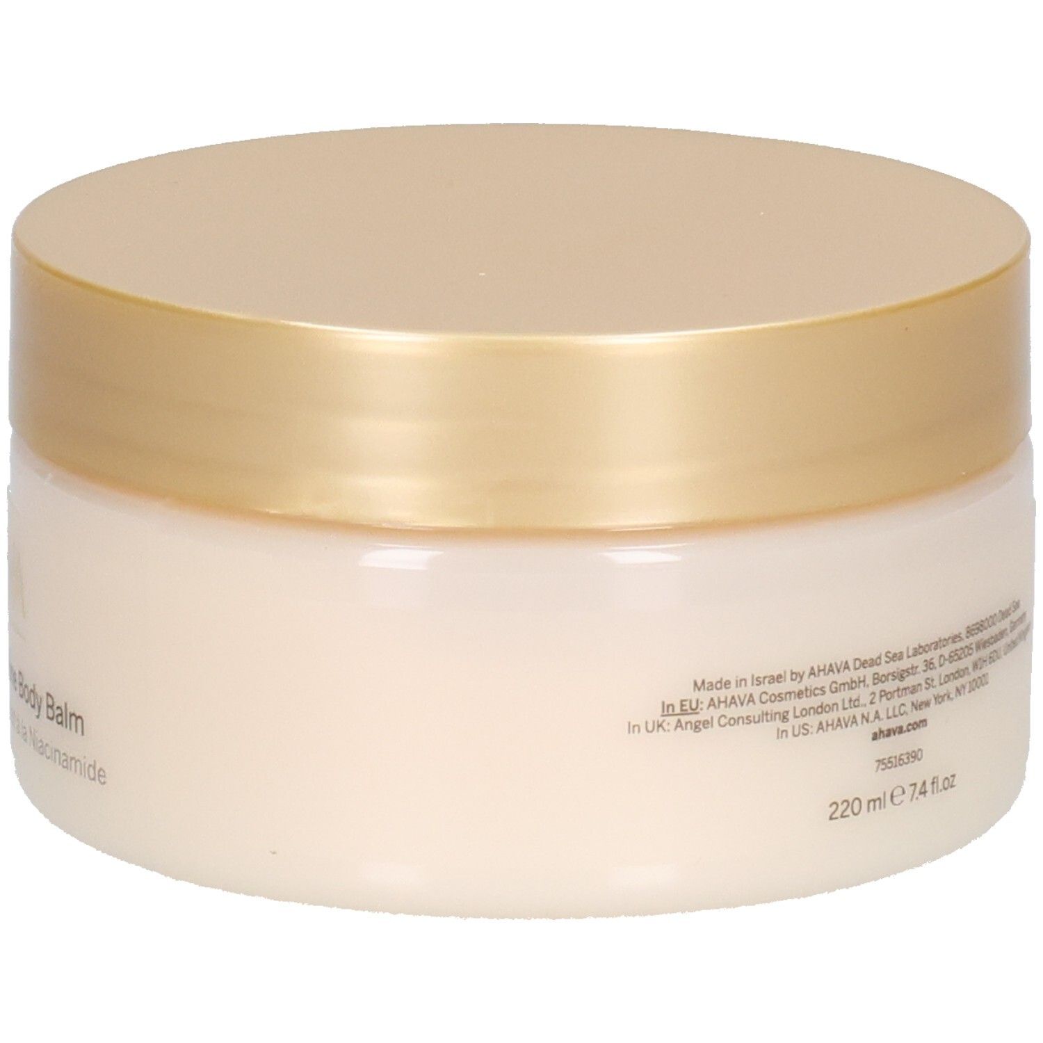 Pot de crème avec couvercle doré. Inscription : AHAVA Cosmetics, 220 ml, 7.4 fl oz. Texte avec informations du fabricant.