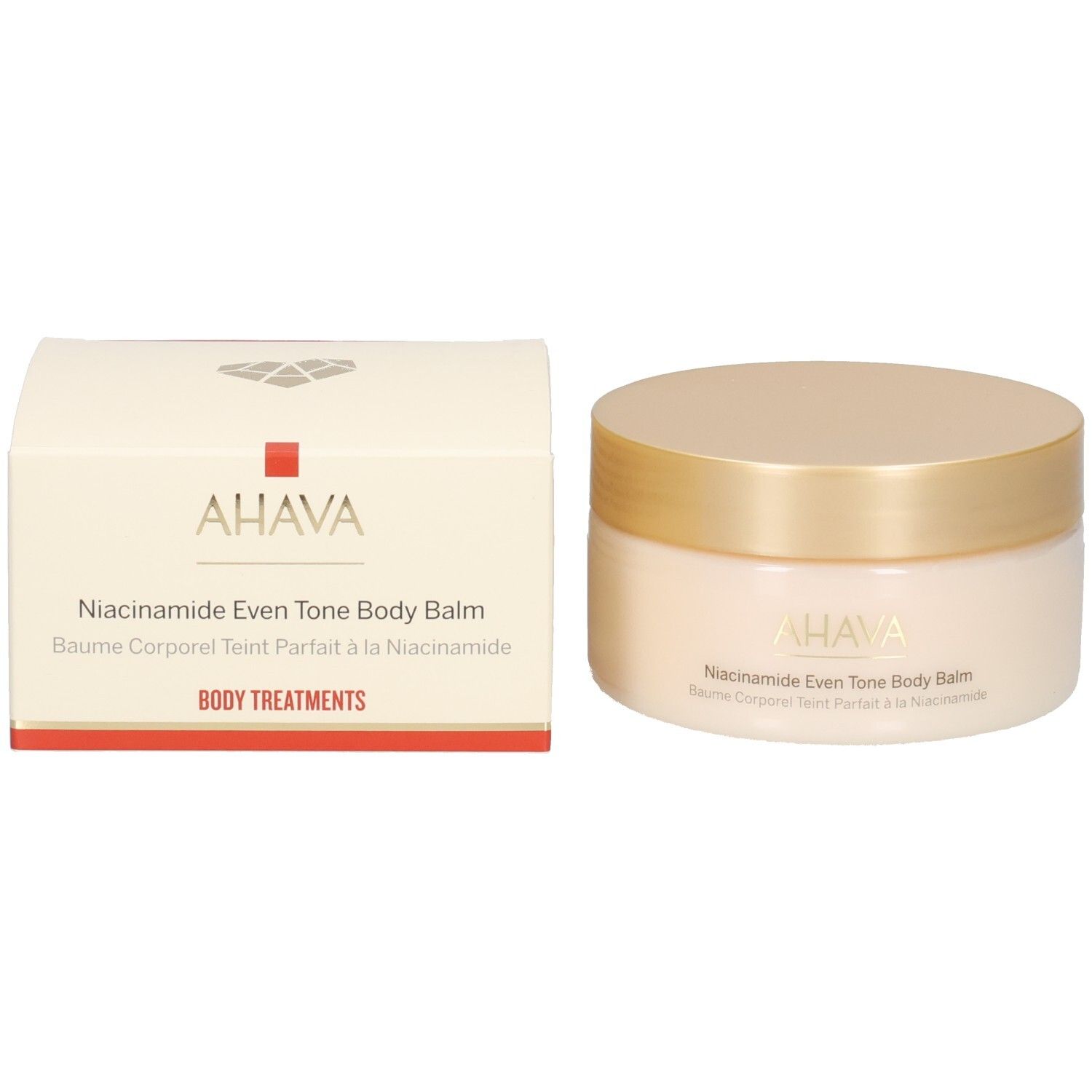 Emballage du produit et pot de crème. Inscription : AHAVA, Niacinamide Even Tone Body Balm, BODY TREATMENTS.