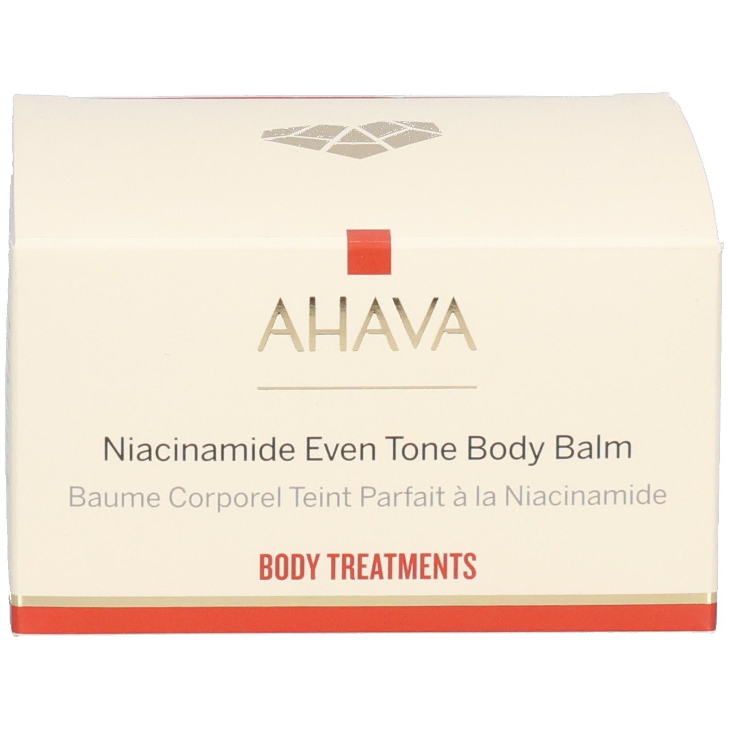 Emballage du produit. Inscription : AHAVA, Niacinamide Even Tone Body Balm, Baume Corporel Teint Parfait à la Niacinamide, BODY TREATMENTS.