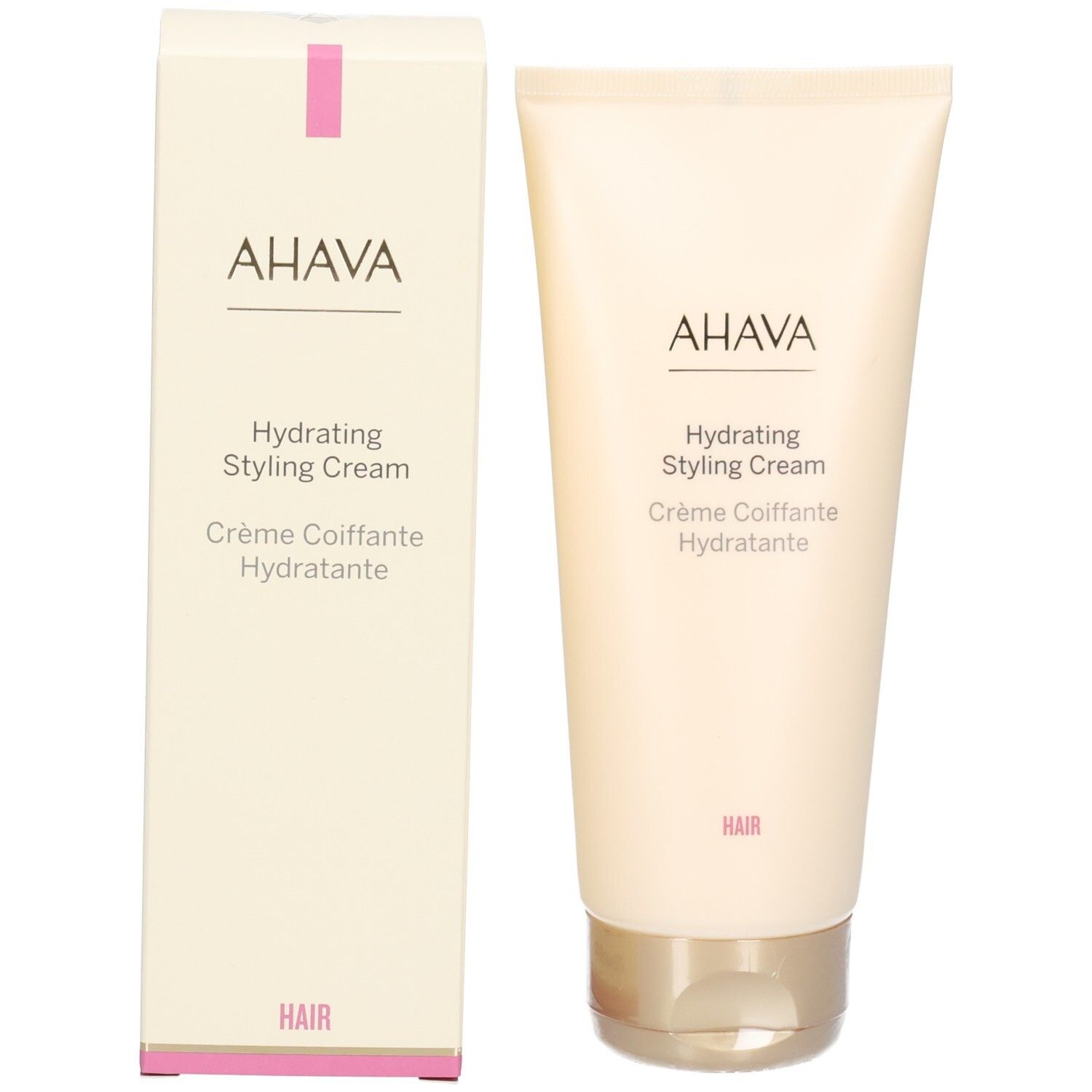 Produit et emballage. Tube et boîte beiges. Inscription : AHAVA, Hydrating Styling Cream, Crème Coiffante Hydratante. Mot : HAIR.