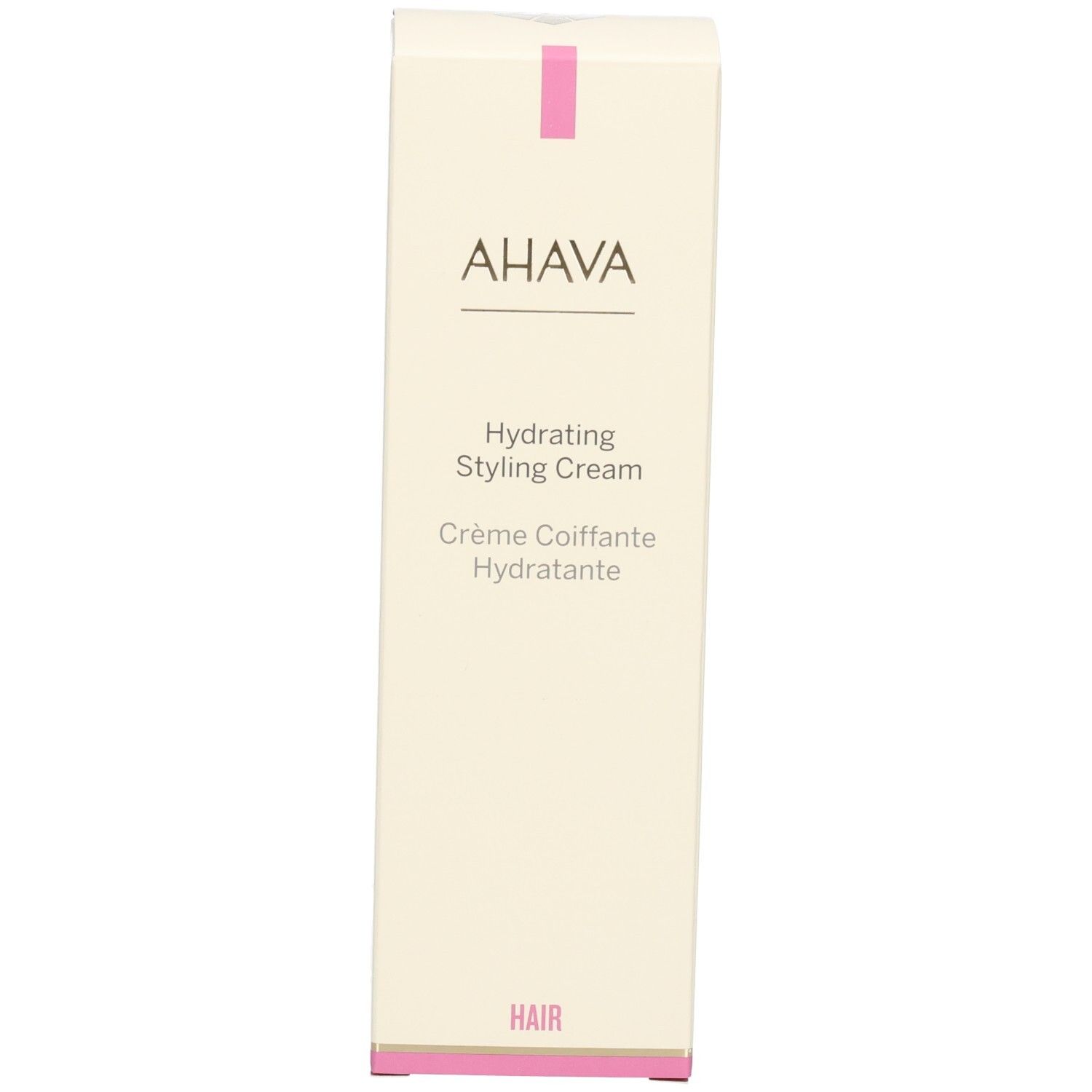 Boîte. Inscription : AHAVA, Hydrating Styling Cream, Crème Coiffante Hydratante. Mot : HAIR. Accent rose.