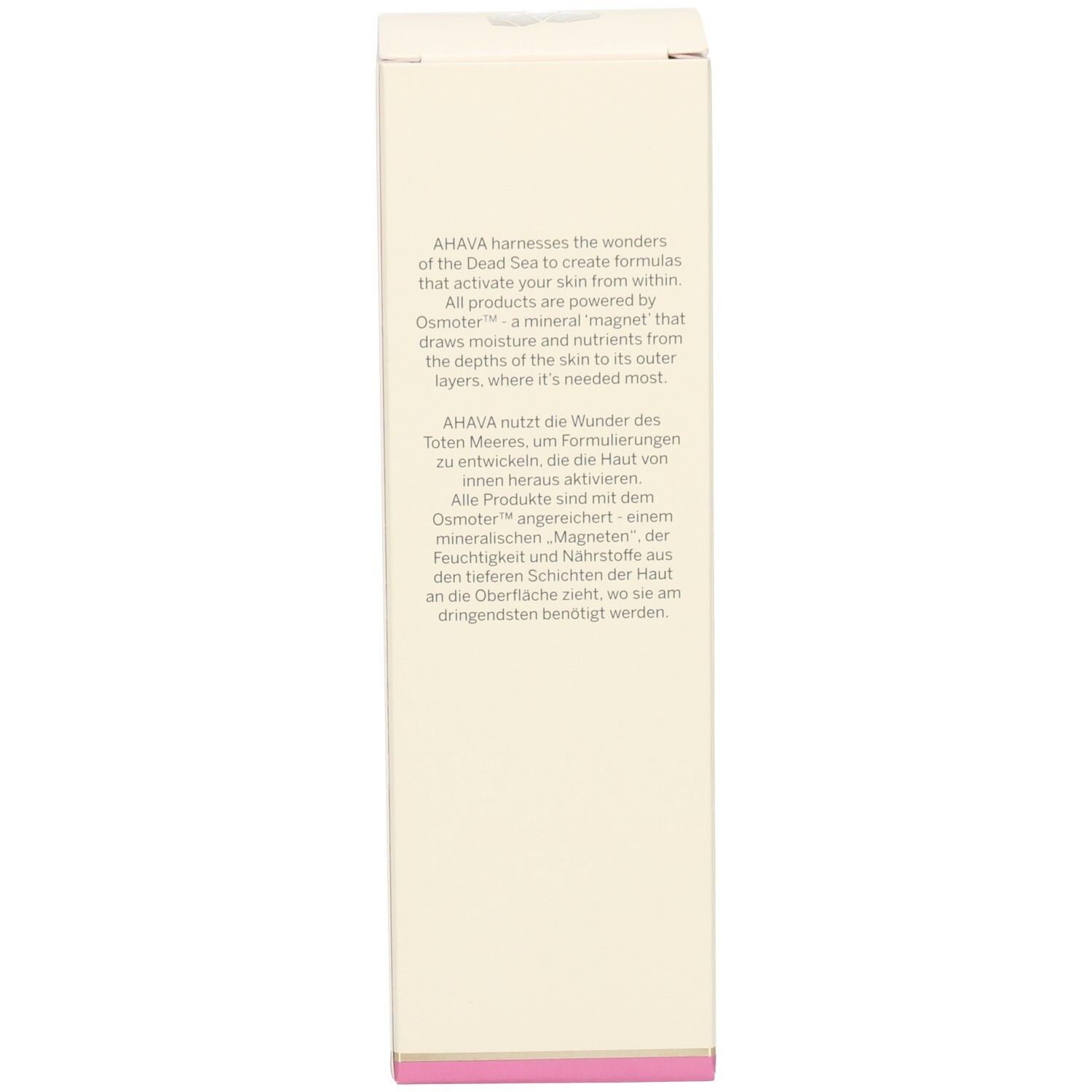Côté de la boîte. Texte multilingue. Accent rose. Description du produit.