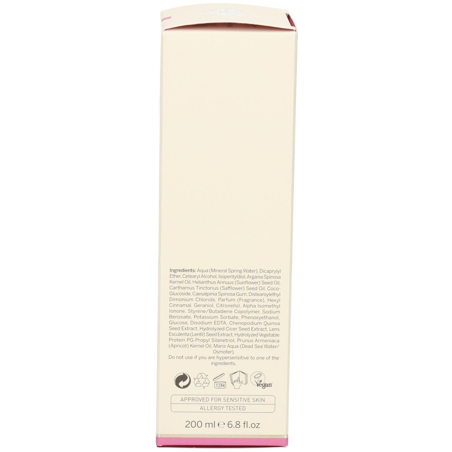 Côté de la boîte. Ingrédients, logos, texte. Accent rose. 200 ml 6.8 fl.oz. Testé contre les allergies.