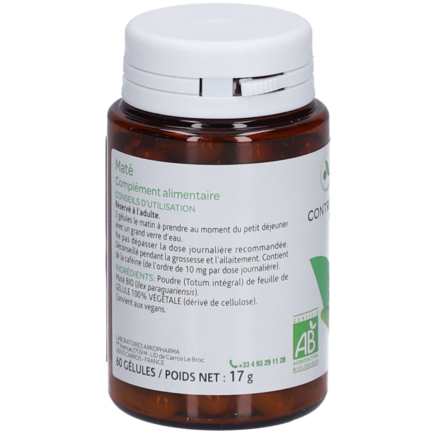 Vue arrière du flacon. Étiquette avec informations produit, ingrédients et conseils d'utilisation. 60 gélules.