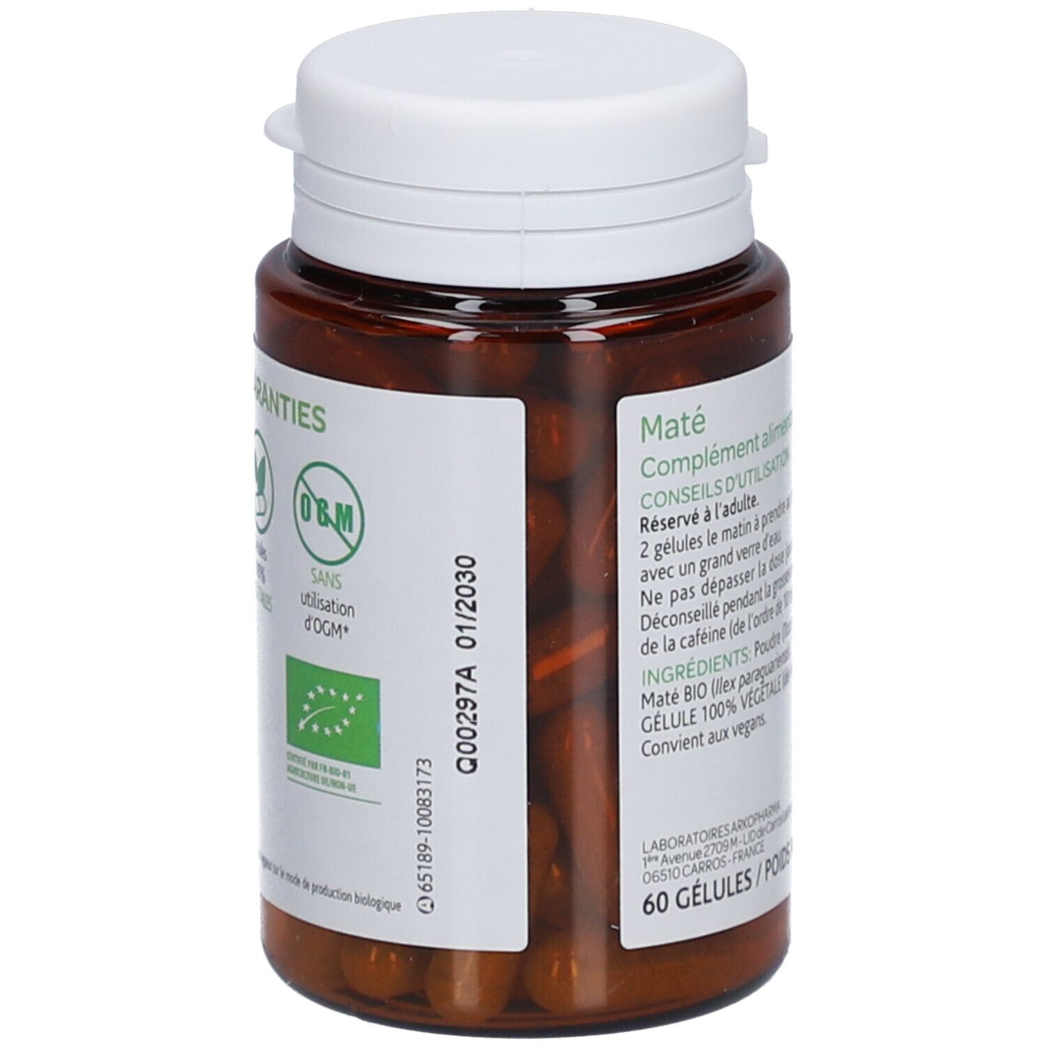 Vue arrière du flacon. Étiquette avec informations produit, ingrédients et date de péremption. 60 gélules.