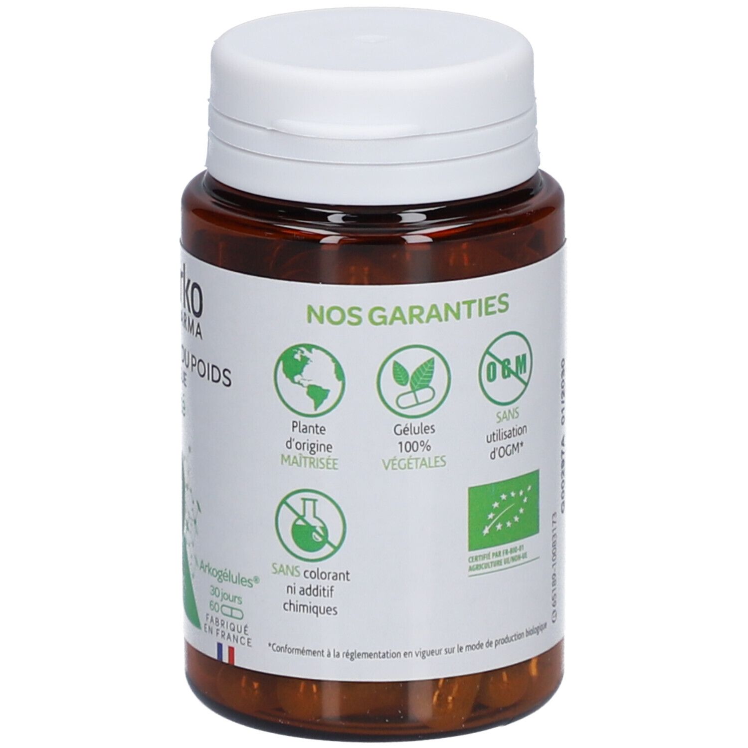Vue arrière du flacon. Étiquette avec garanties : origine végétale, gélules végétales, sans OGM, sans colorant.