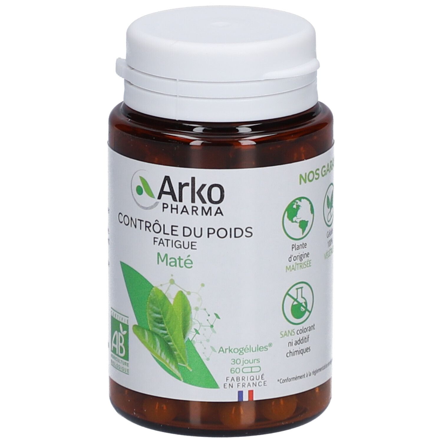 Flacon marron, bouchon blanc. Étiquette avec logo, nom du produit et certification. 60 gélules.