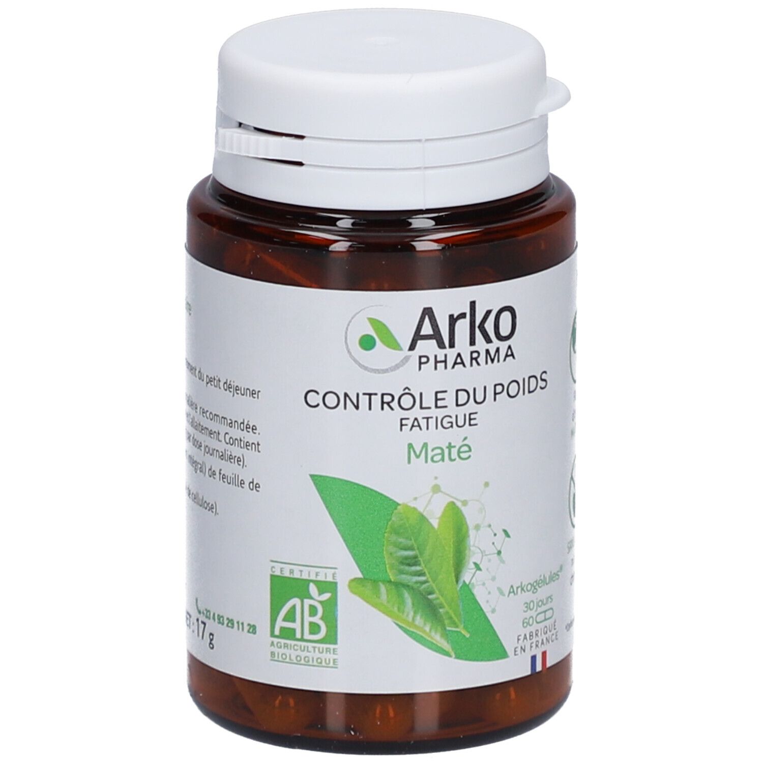 Flacon marron, bouchon blanc. Étiquette avec logo, nom du produit et certification. 60 gélules.