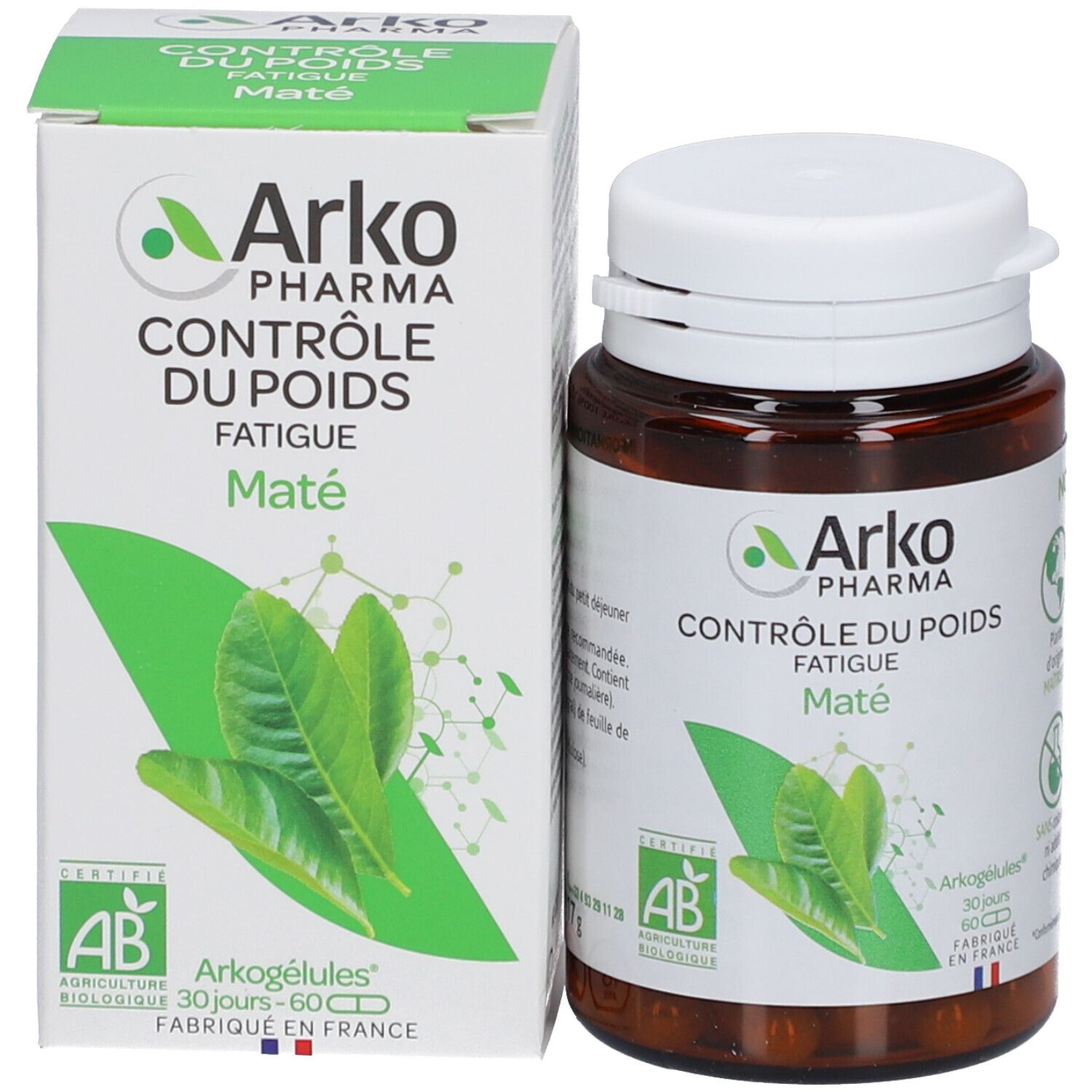 Flacon et boîte du produit. Flacon avec bouchon blanc, étiquette. Boîte avec logo et informations produit.