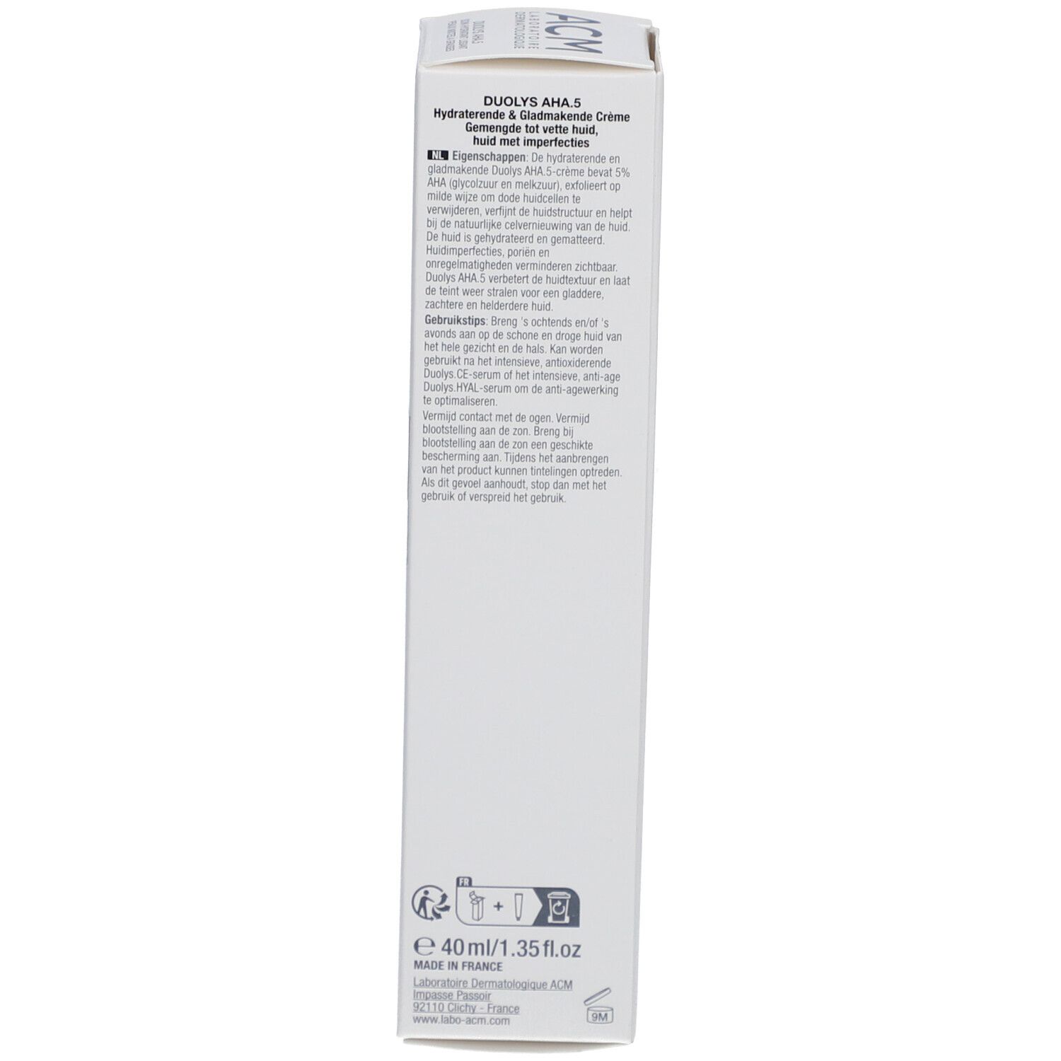 Côté de la boîte blanche. Texte en néerlandais. Contient informations produit et instructions d'utilisation.