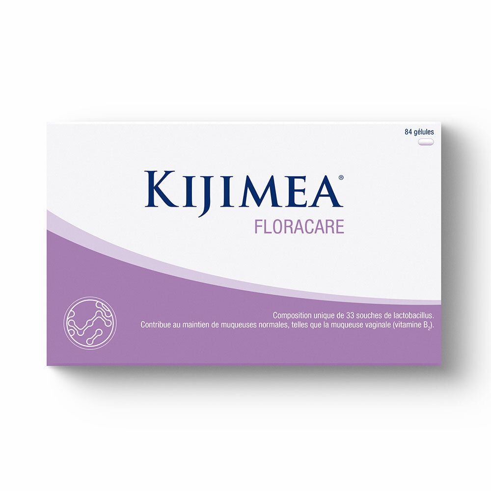 Boîte blanche avec accents violets. Inscription : Kijimea Floracare. Contient 84 gélules. Texte : Contribue au maintien des muqueuses normales.