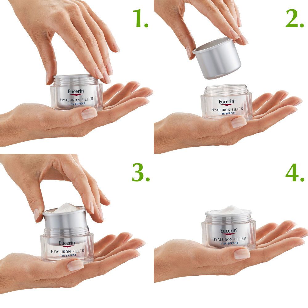 Mains montrant l'utilisation du produit. Étapes 1 à 4.
