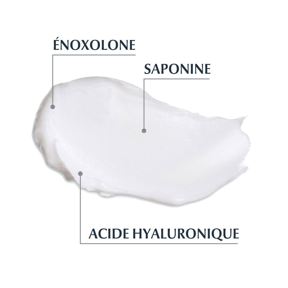 Gros plan d'une crème. Légendes : Énoxolone, Saponine, Acide hyaluronique.
