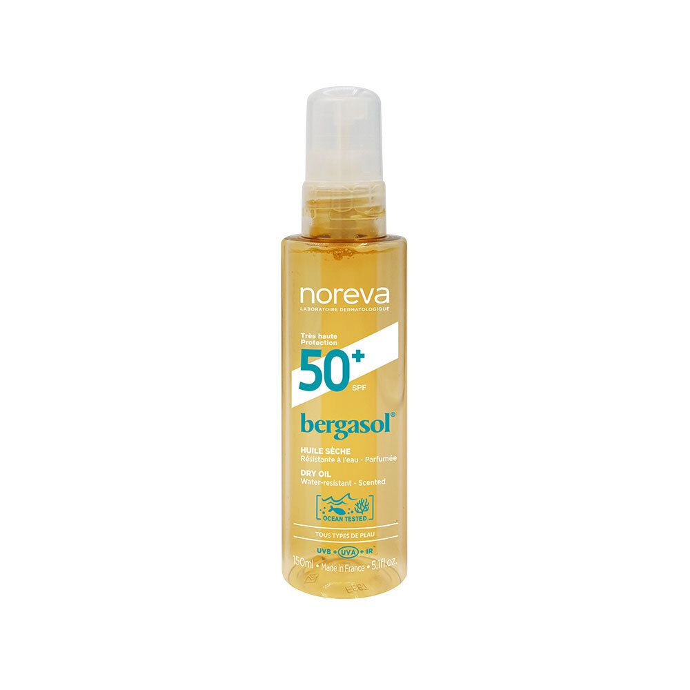 Flacon de NOREVA Bergasol Huile Sèche SPF50+. Liquide jaune, vaporisateur blanc. Inscription: 50+ SPF, Huile Sèche.