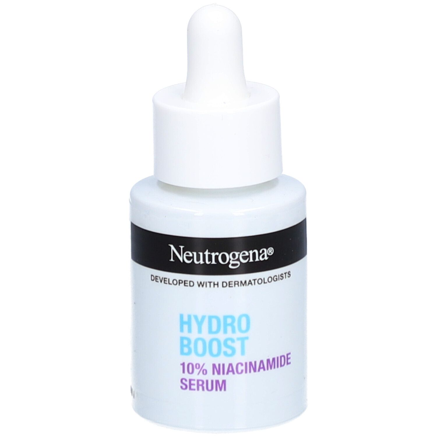 Sérum Neutrogena Hydro Boost, flacon blanc avec pipette. Bande noire avec logo et texte.