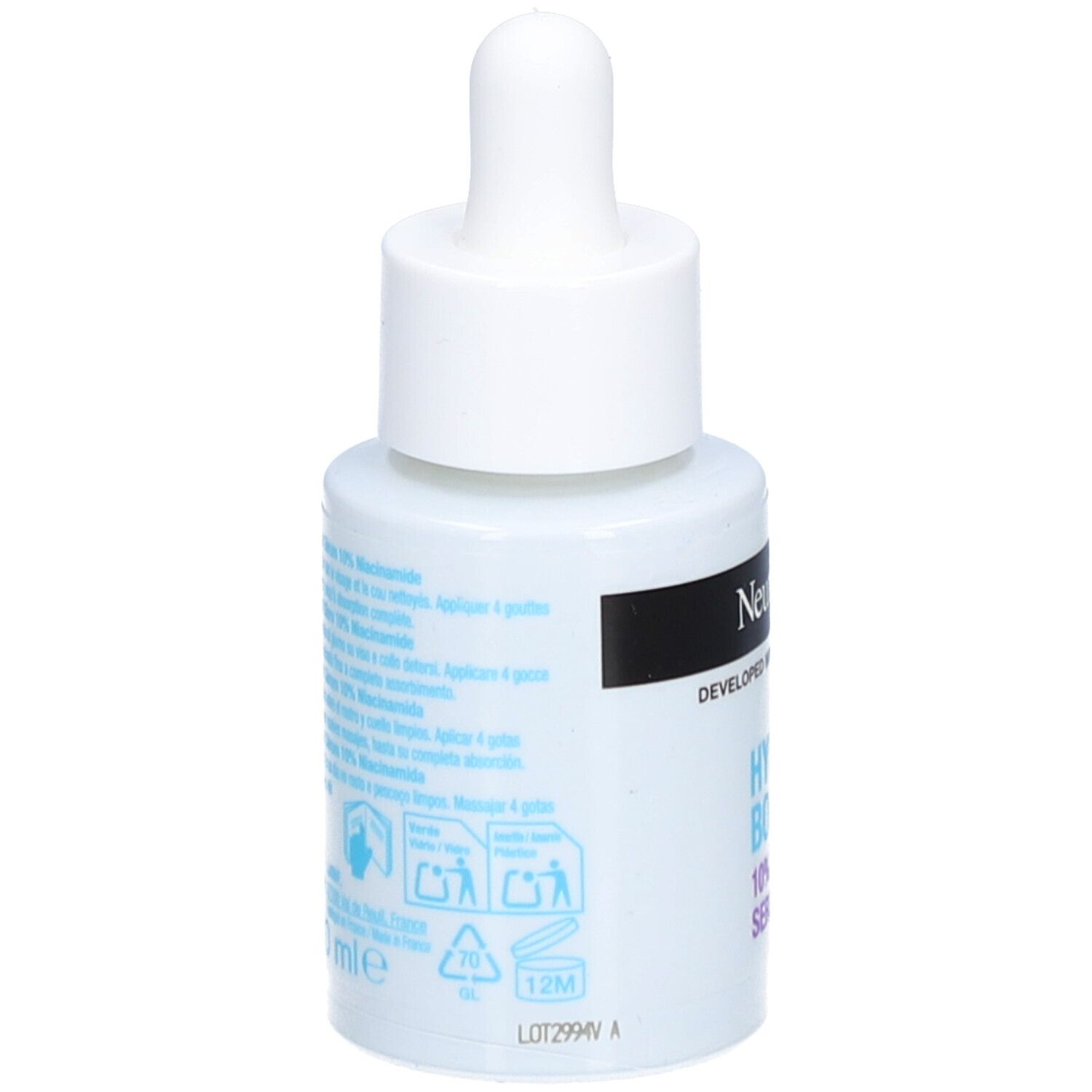 Sérum Neutrogena Hydro Boost, flacon blanc avec pipette. Dos avec texte et symboles.