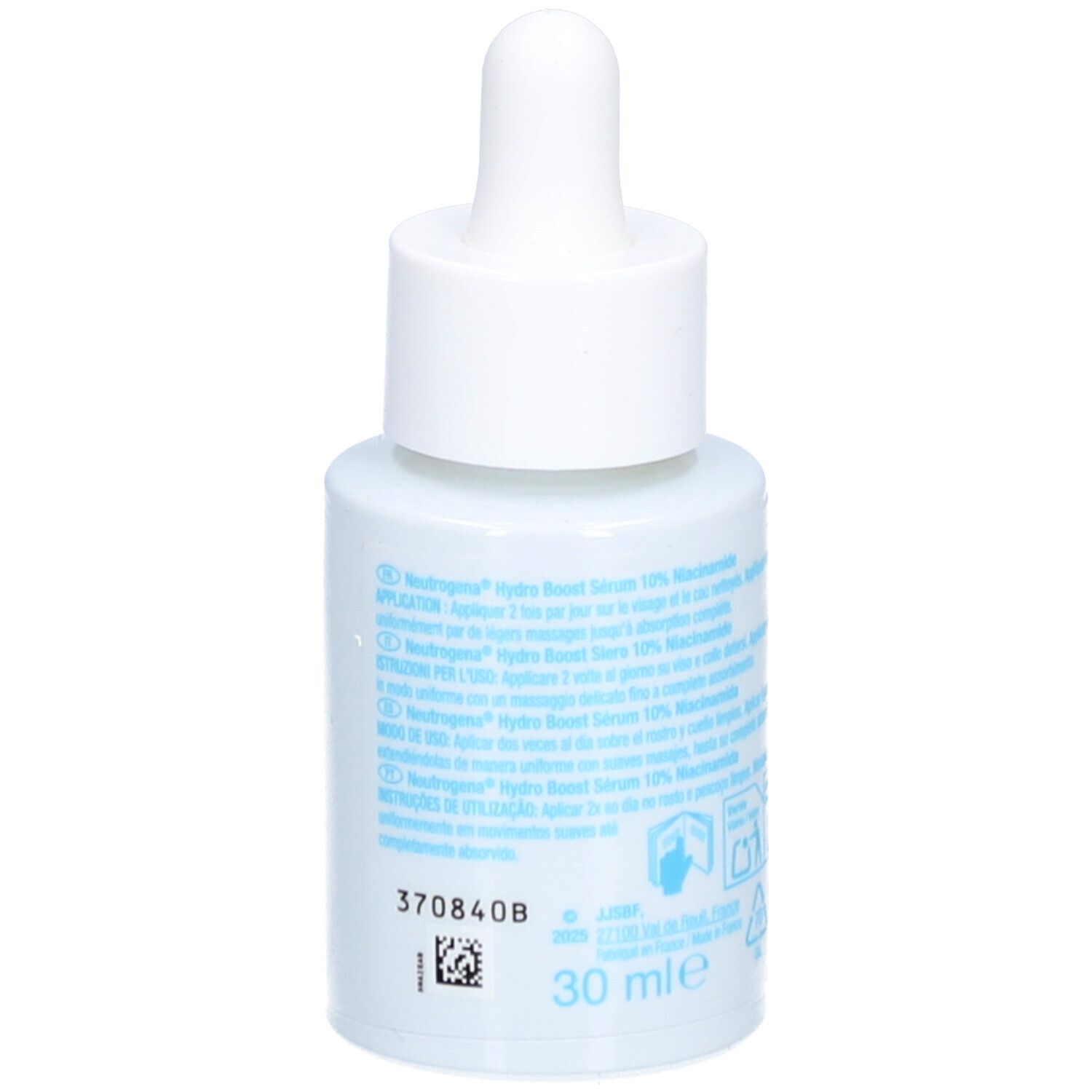 Sérum Neutrogena Hydro Boost, flacon blanc avec pipette. Dos avec texte et symboles.