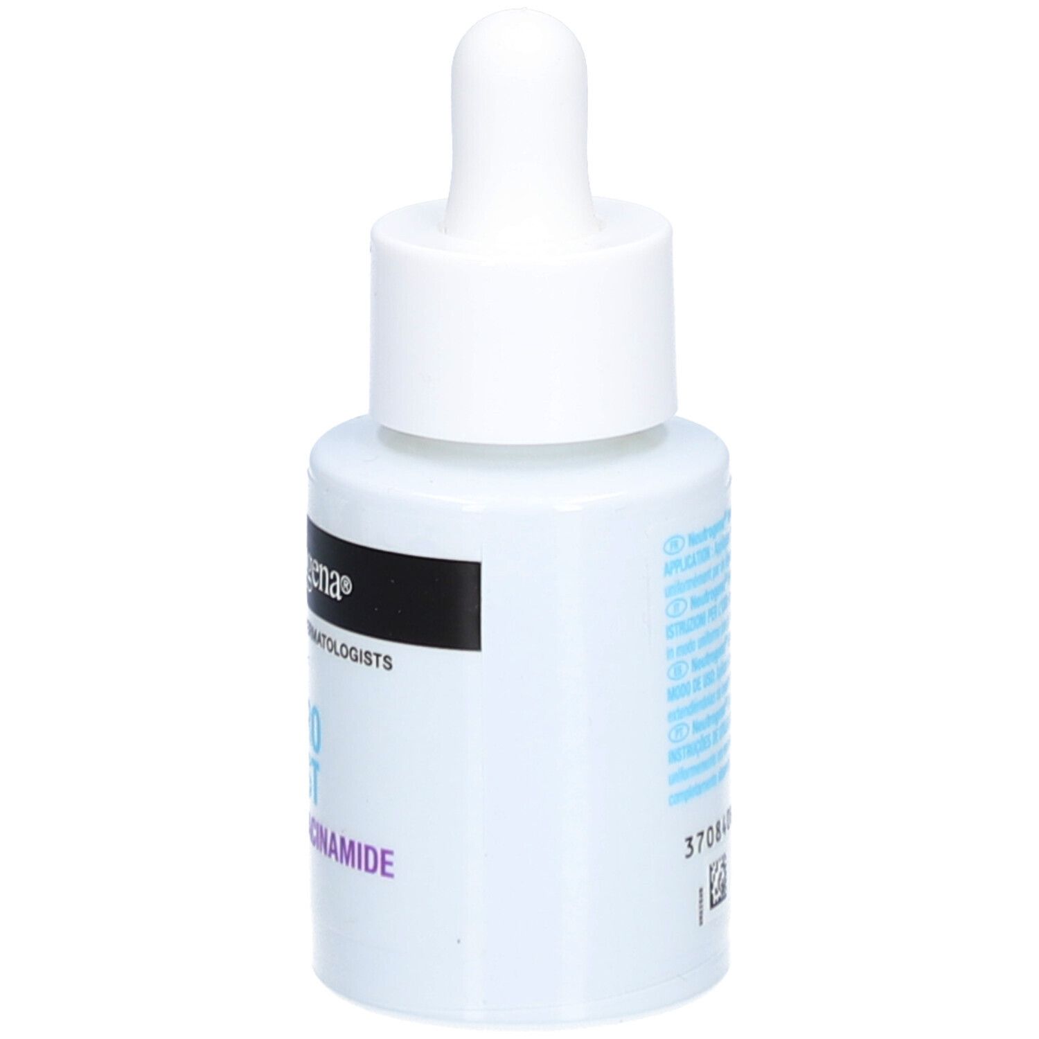Sérum Neutrogena Hydro Boost, flacon blanc avec pipette. Dos avec texte et symboles.