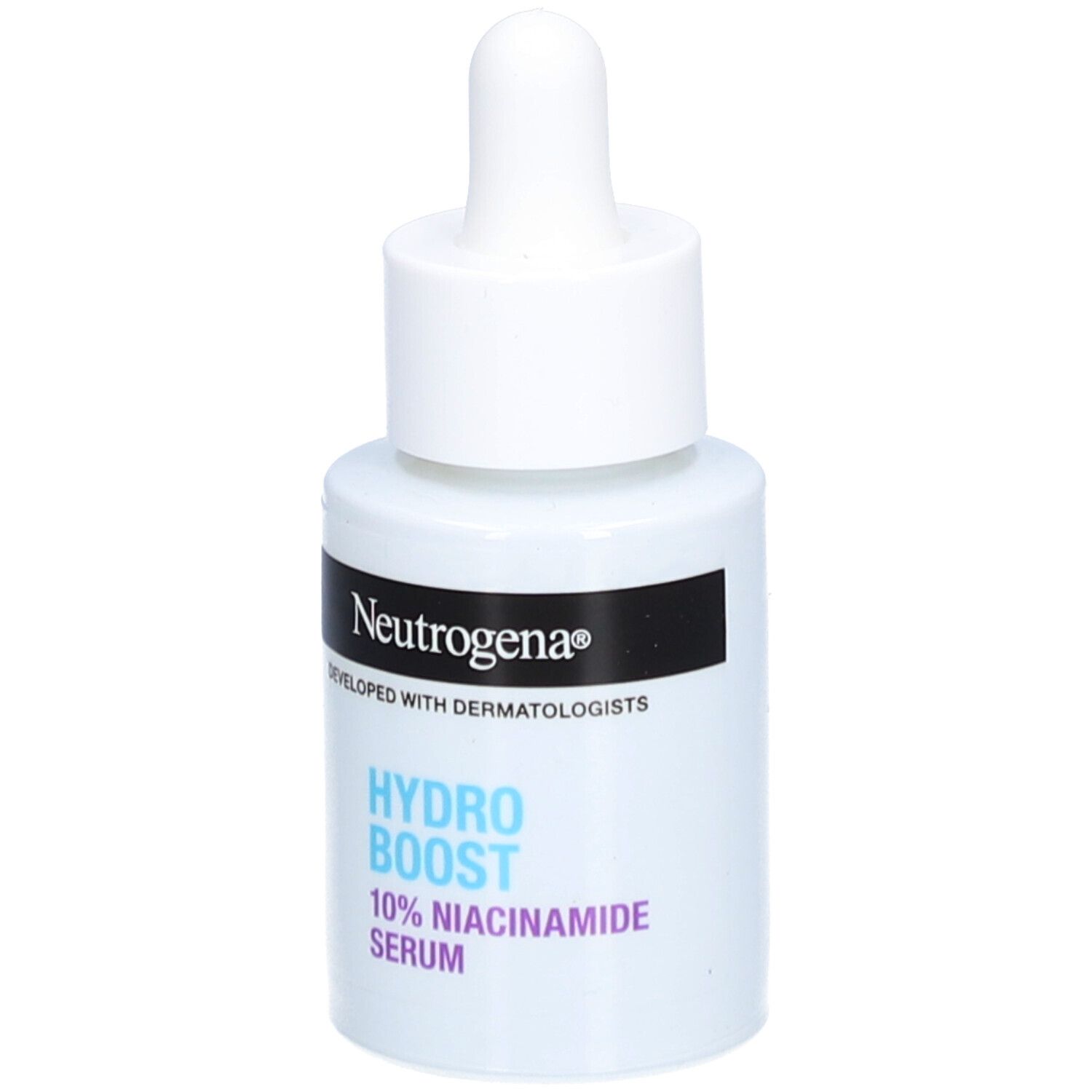 Sérum Neutrogena Hydro Boost, flacon blanc avec pipette. Dos avec texte et symboles.
