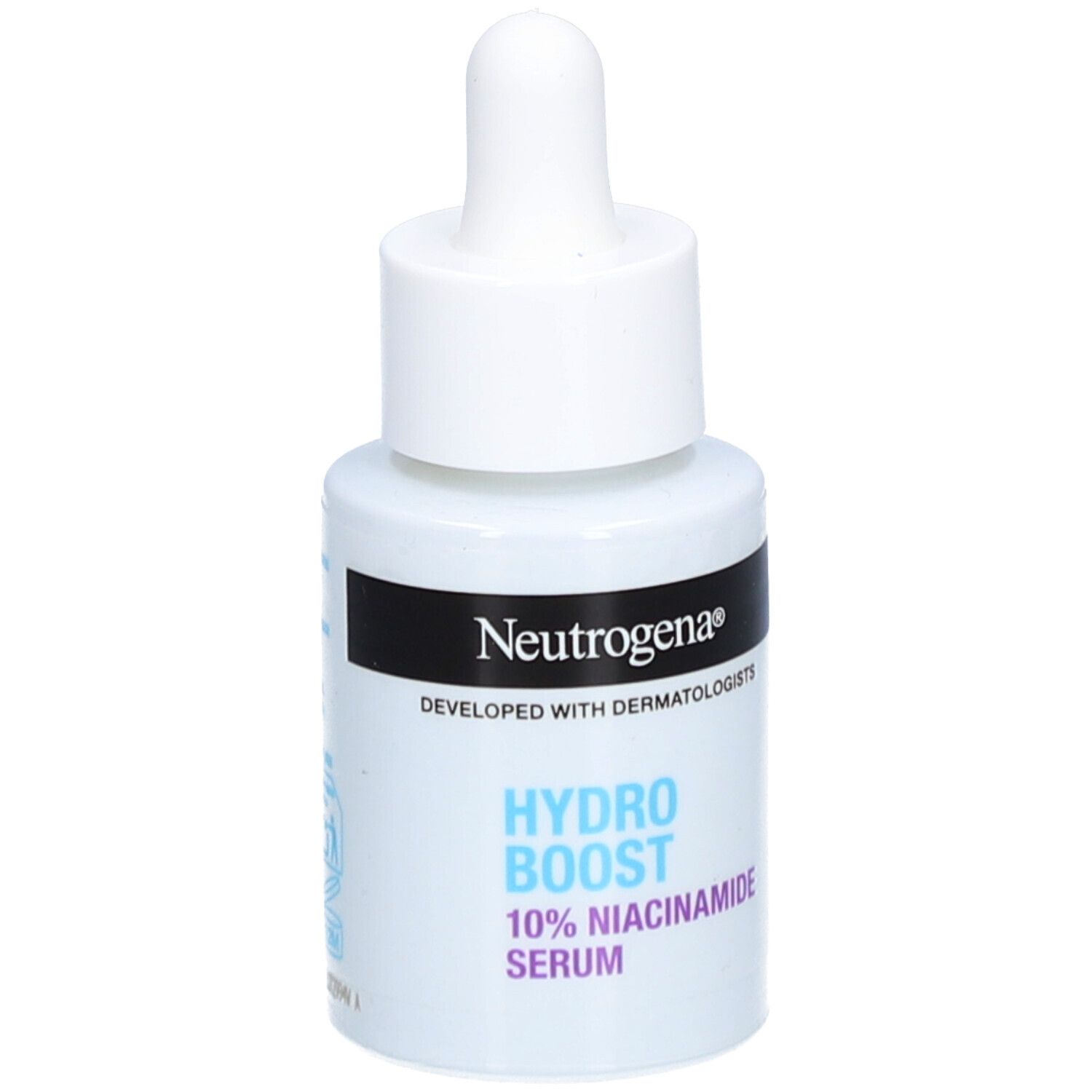 Sérum Neutrogena Hydro Boost, flacon et emballage. Emballage bleu avec logo et texte.