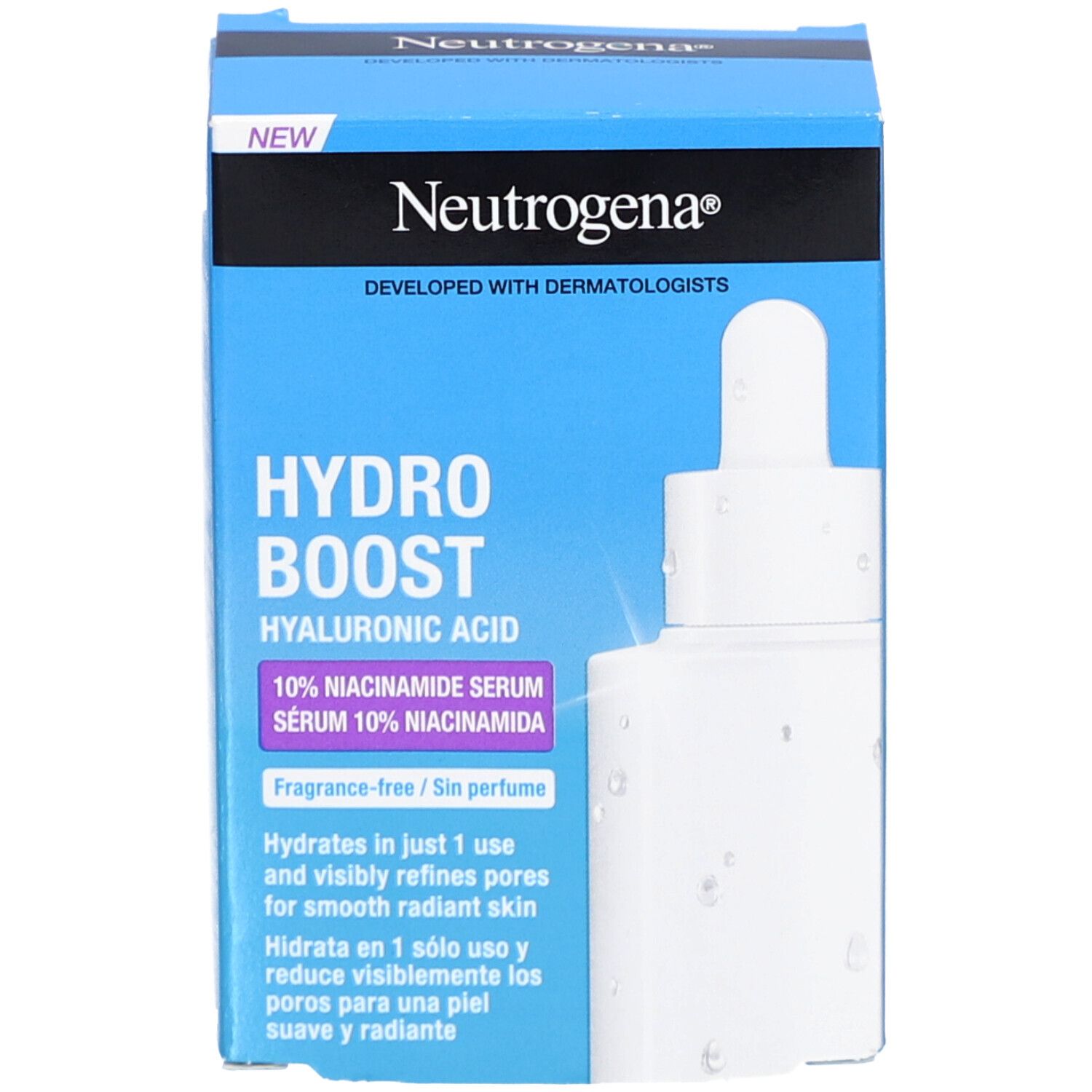 Sérum Neutrogena Hydro Boost, emballage. Emballage bleu avec logo et texte.