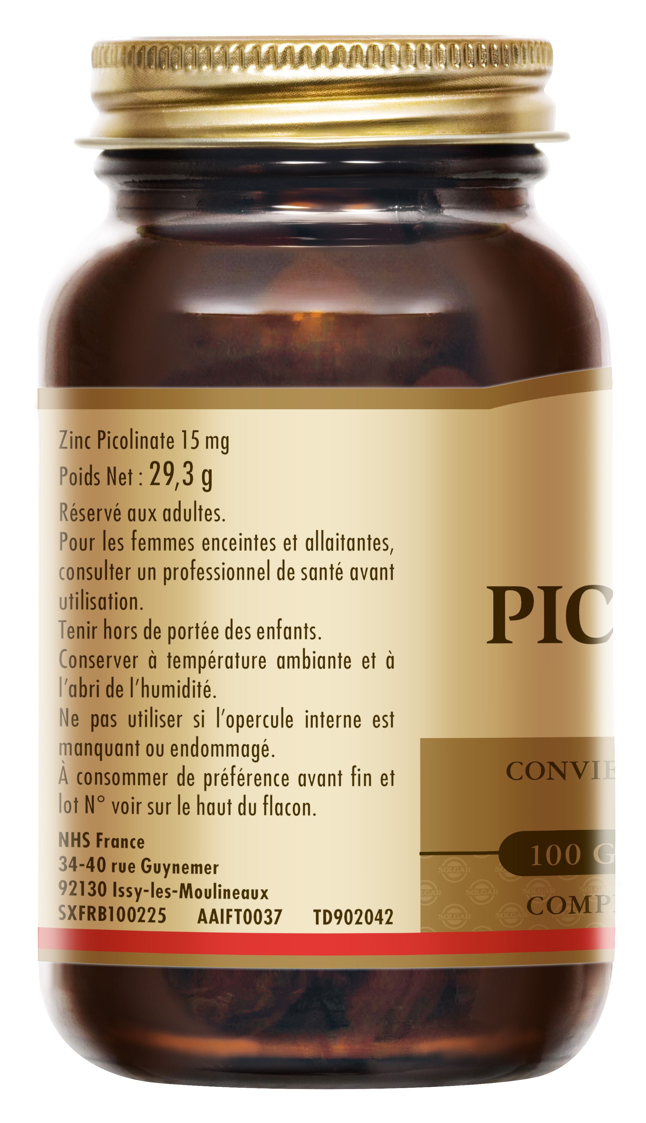 Dos du flacon. Étiquette avec informations sur Zinc Picolinate 15mg, poids, ingrédients et adresse.