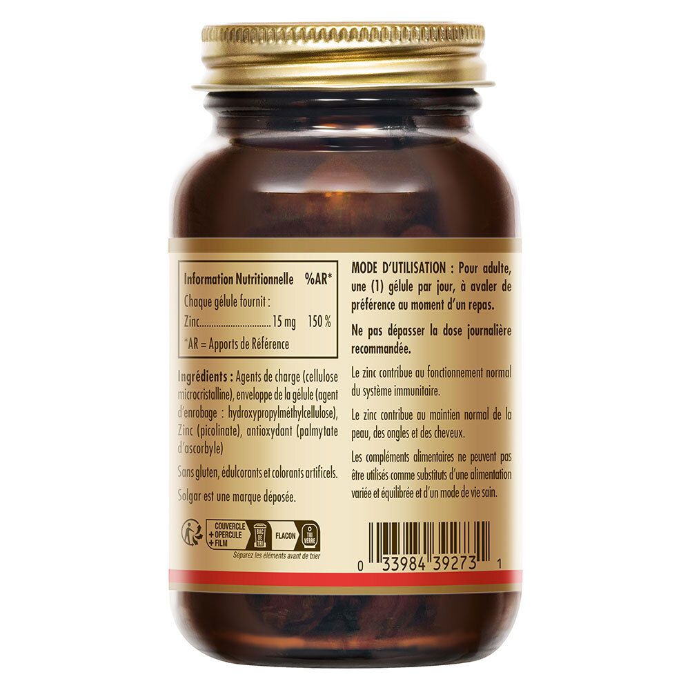 Dos du flacon. Étiquette avec informations nutritionnelles, dosage et ingrédients du Zinc Picolinate.