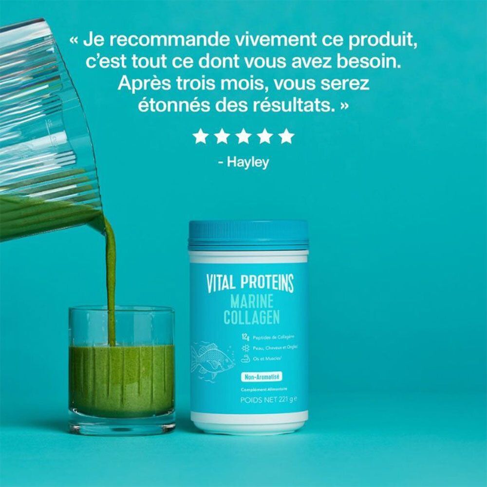 Poudre VITAL PROTEINS Collagène Marin mélangée à une boisson verte.