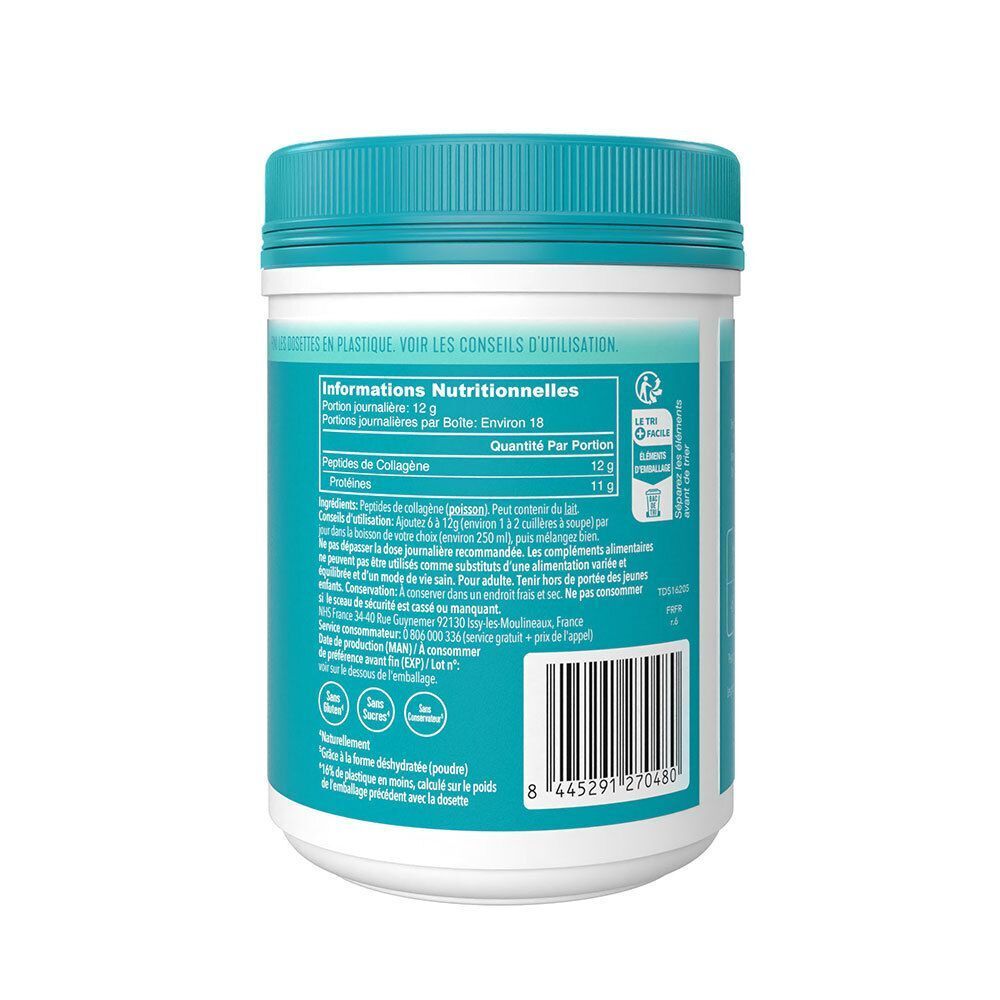 Arrière d'un pot VITAL PROTEINS Collagène Marin avec informations nutritionnelles et code-barres.