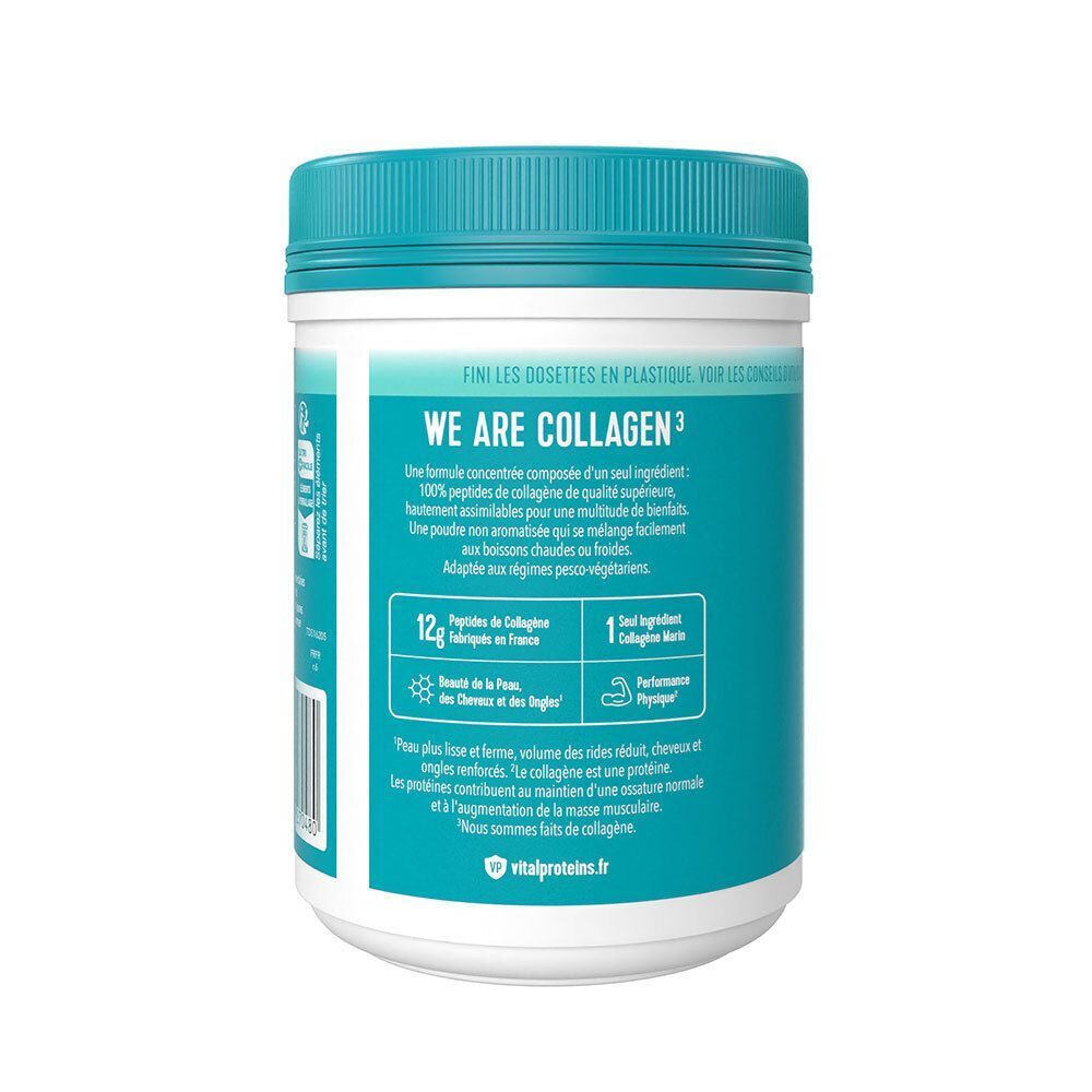 Arrière d'un pot VITAL PROTEINS Collagène Marin avec informations produit.