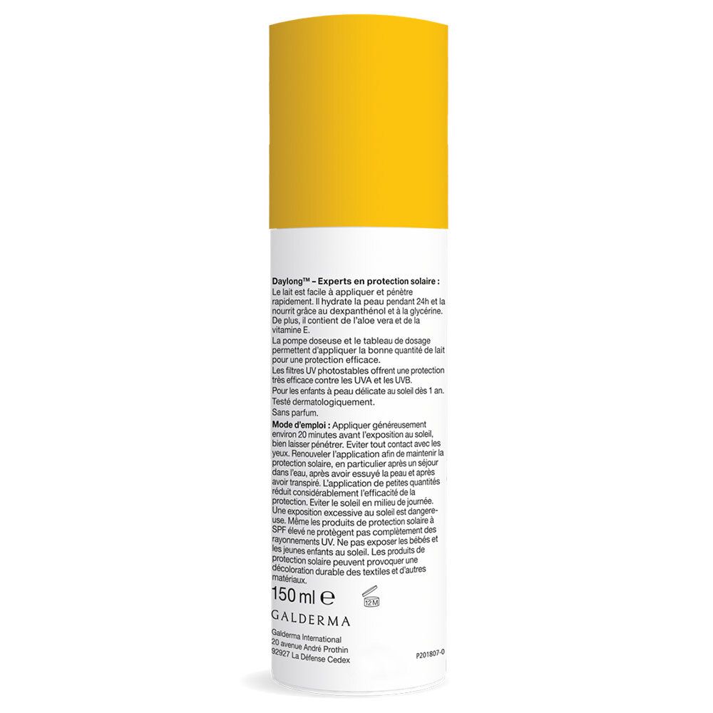 Dos du flacon de crème solaire. Informations textuelles en français. 150 ml. Logo Galderma.