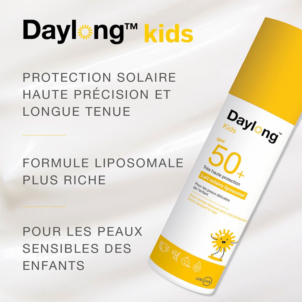 Flacon de crème solaire. Texte : haute protection solaire. Pour peaux sensibles enfants. Formule liposomale.