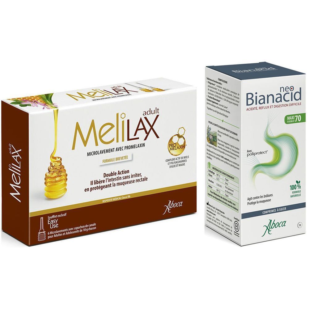 Set NEOBIANACID MENTHE COMPRIMES - Brûlures d'estomac, Reflux acide et Digestion difficile + MELILAX ADULT
