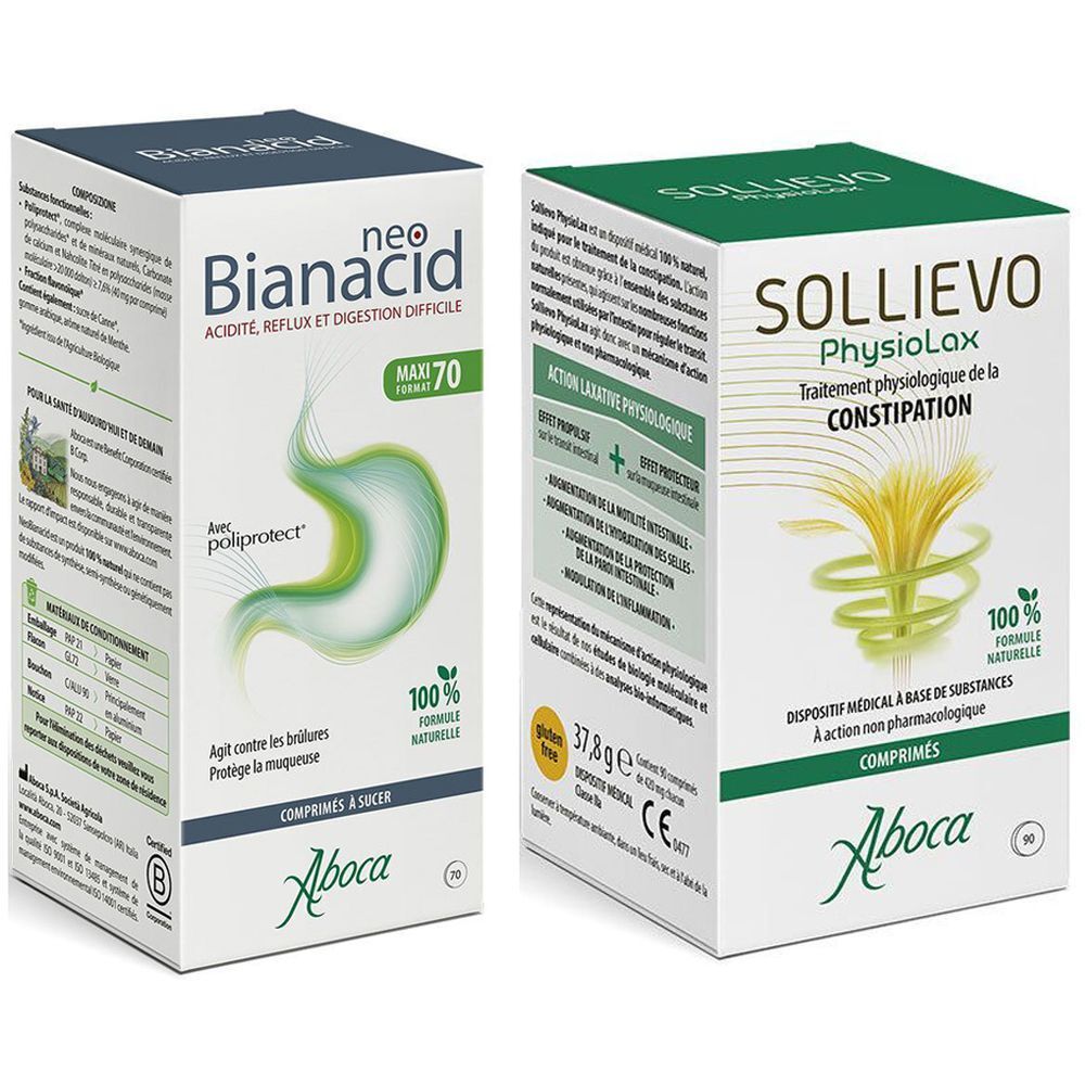 Set NEOBIANACID MENTHE COMPRIMES - Brûlures d'estomac, Reflux acide et Digestion difficile + SOLLIEVO PHYSIOLAX - Traitement de la constipation