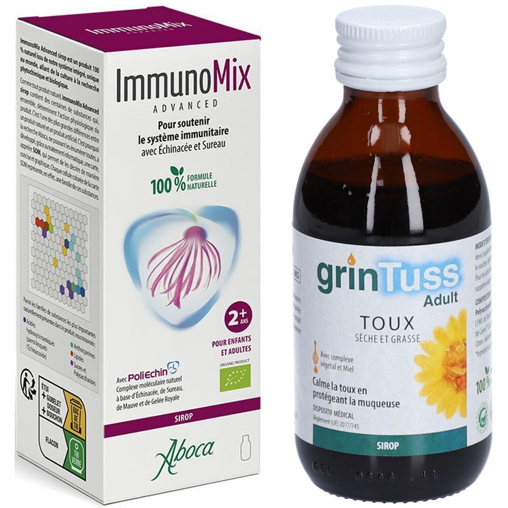 Deux produits : une boîte ImmunoMix Advanced et un flacon de sirop contre la toux Grintuss Adult. Les deux produits sont placés côte à côte.