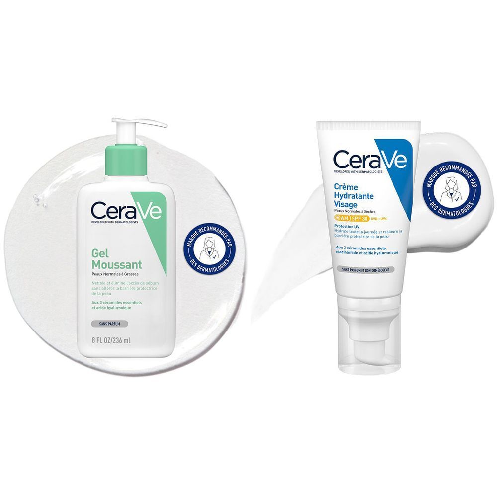 Set Gel Moussant visage pour les peaux normales à grasses + CERAVE Crème Hydratante Visage SPF 30 pour les peaux normales à sèches