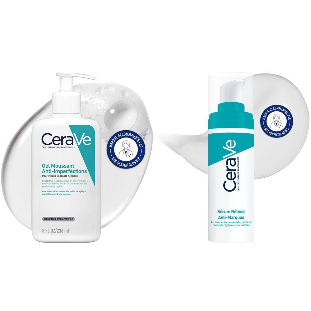 Set Gel Moussant Anti-imperfections à l'Acide Salicylique et aux 3 Céramides Essentiels + Sérum Rétinol Anti-Marques enrichi au Rétinol pour peaux à imperfections avec des marques post-acné