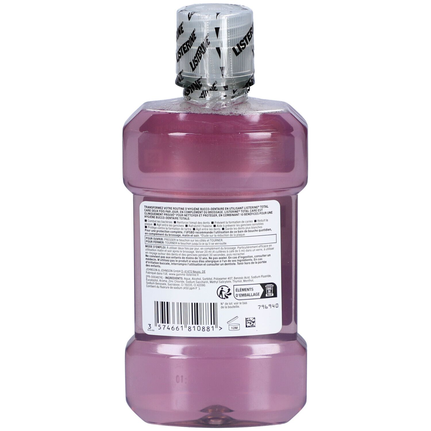 Dos du bain de bouche Listerine Total Care. Texte et code-barres.