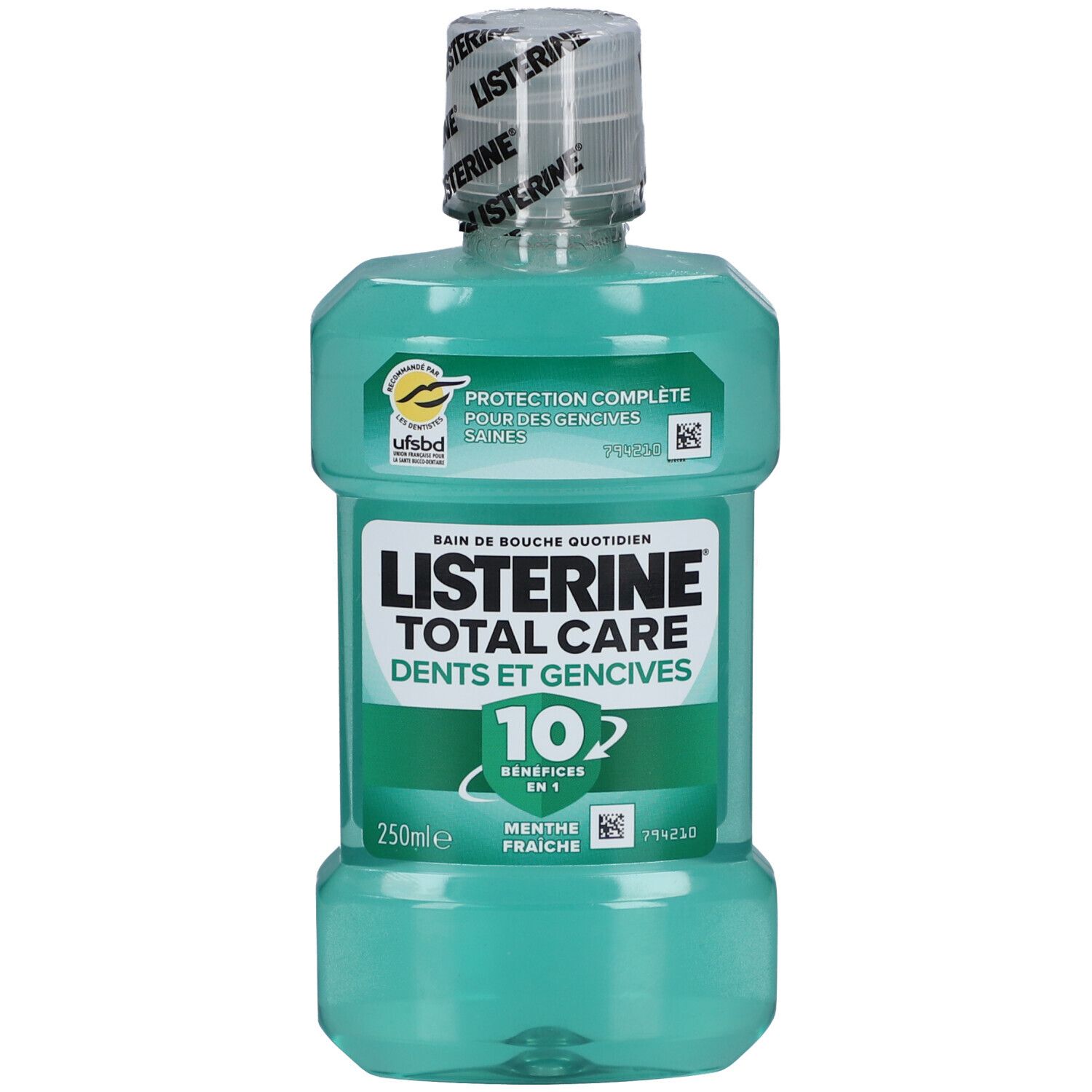 Flacon de produit avec texte : Listerine Total Care, 10 bénéfices en 1, Menthe Fraîche. 250ml.