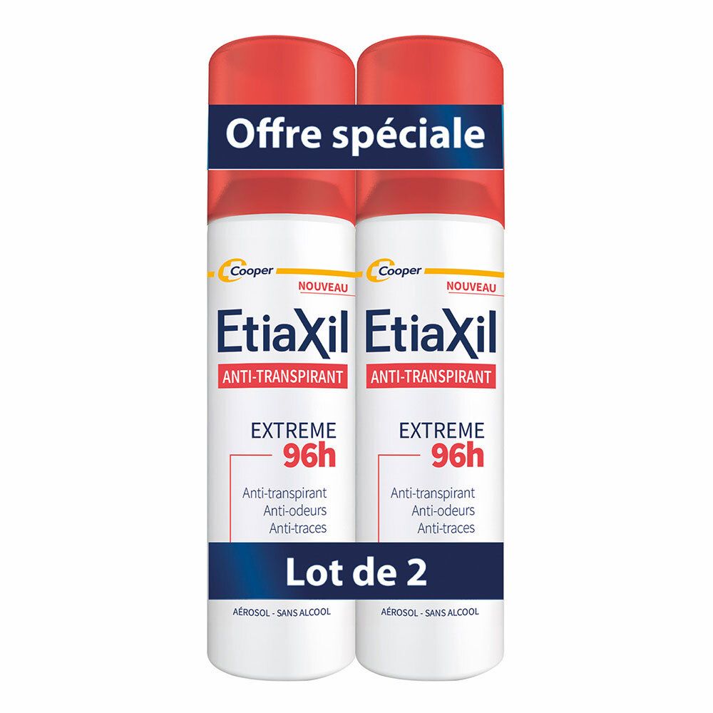 Deux aérosols Etiaxil Anti-transpirant Extrême 96h en lot de 2, avec une banderole "Offre spéciale".