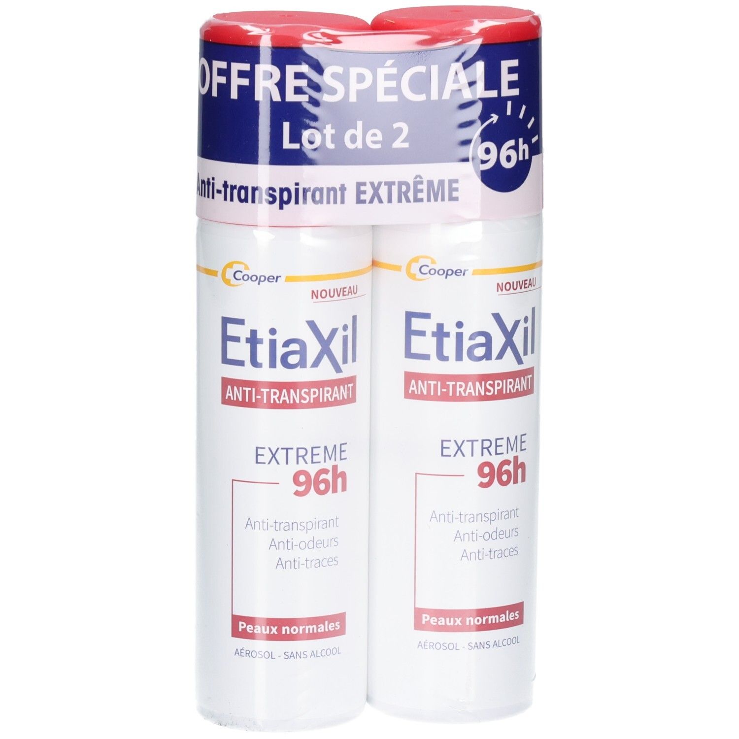 Deux déodorants en aérosol sous film. Inscription : Etiaxil Anti-transpirant Extrême 96h. Emballage spécial.