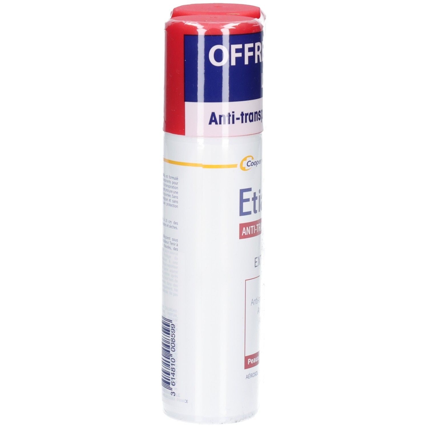 Déodorant en aérosol, blanc avec bouchon rouge. Inscription : Etiaxil Anti-transpirant Extrême 96h. Emballage.