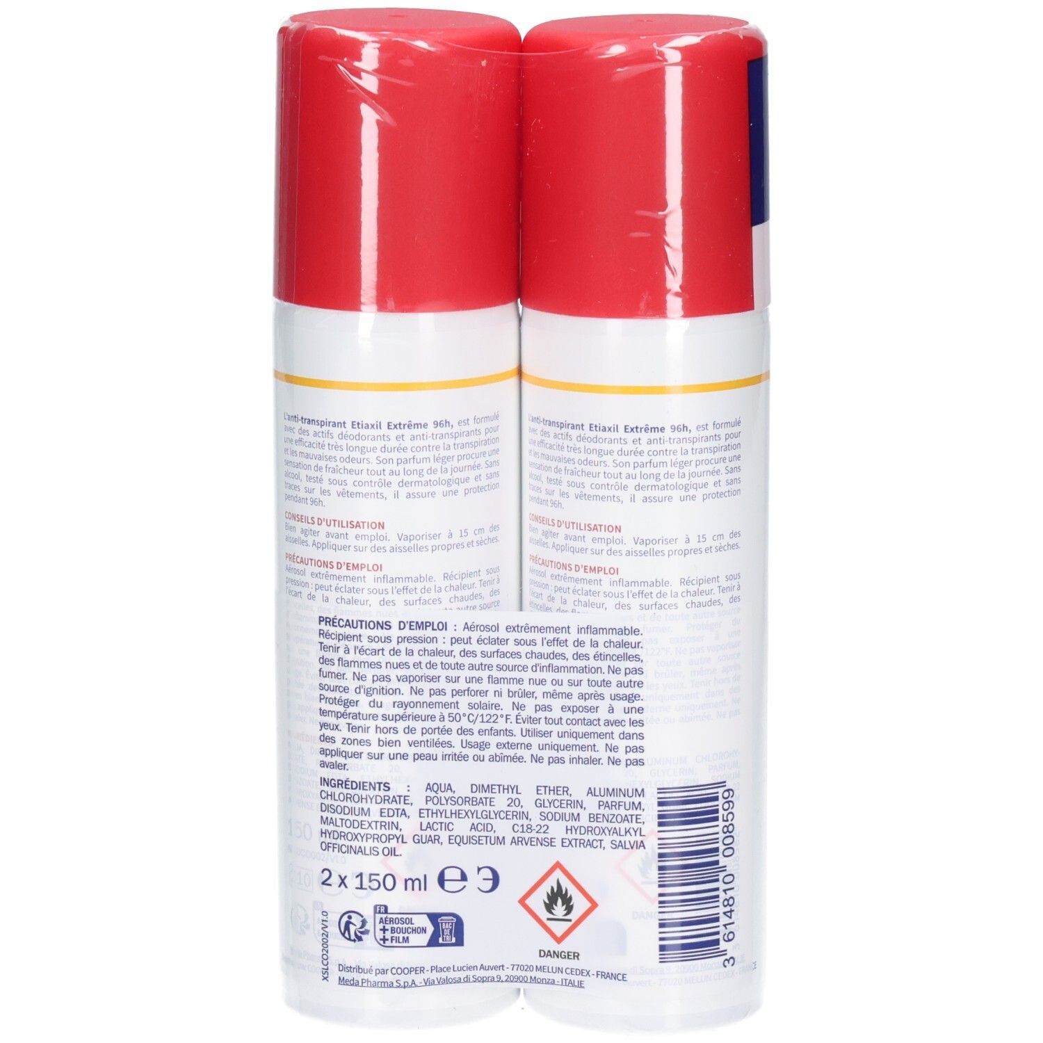 Dos de deux déodorants en aérosol. Inscription : Etiaxil Anti-transpirant Extrême 96h. Ingrédients et avertissements.