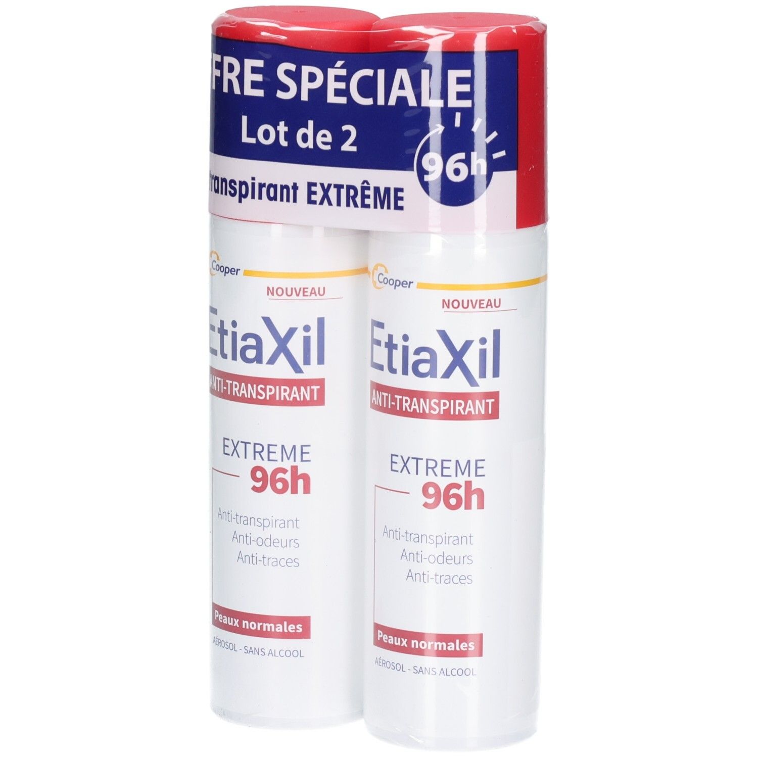 Deux déodorants en aérosol sous film. Inscription : Etiaxil Anti-transpirant Extrême 96h. Emballage spécial.