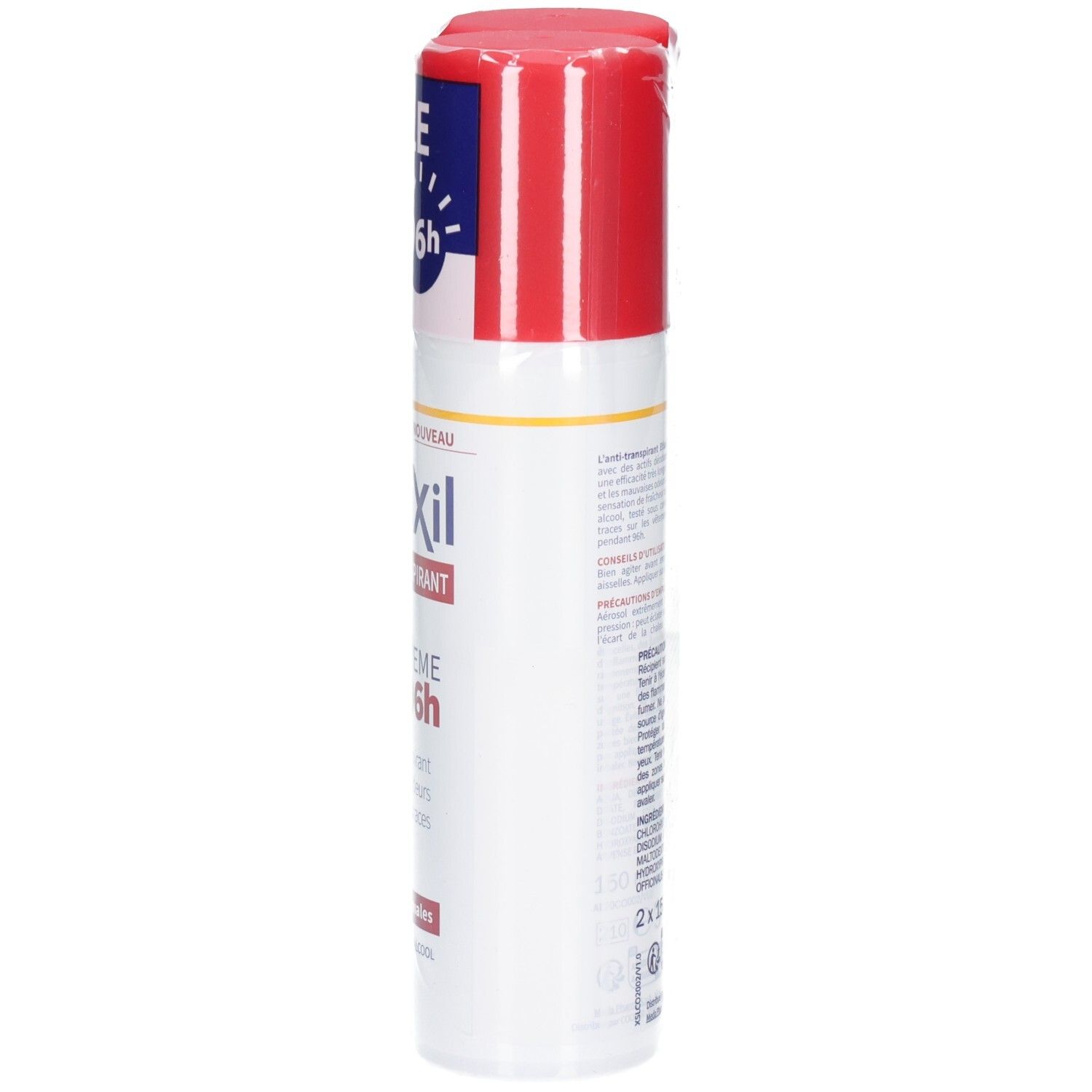 Déodorant en aérosol, blanc avec bouchon rouge. Inscription : Etiaxil Anti-transpirant Extrême 96h. Emballage.